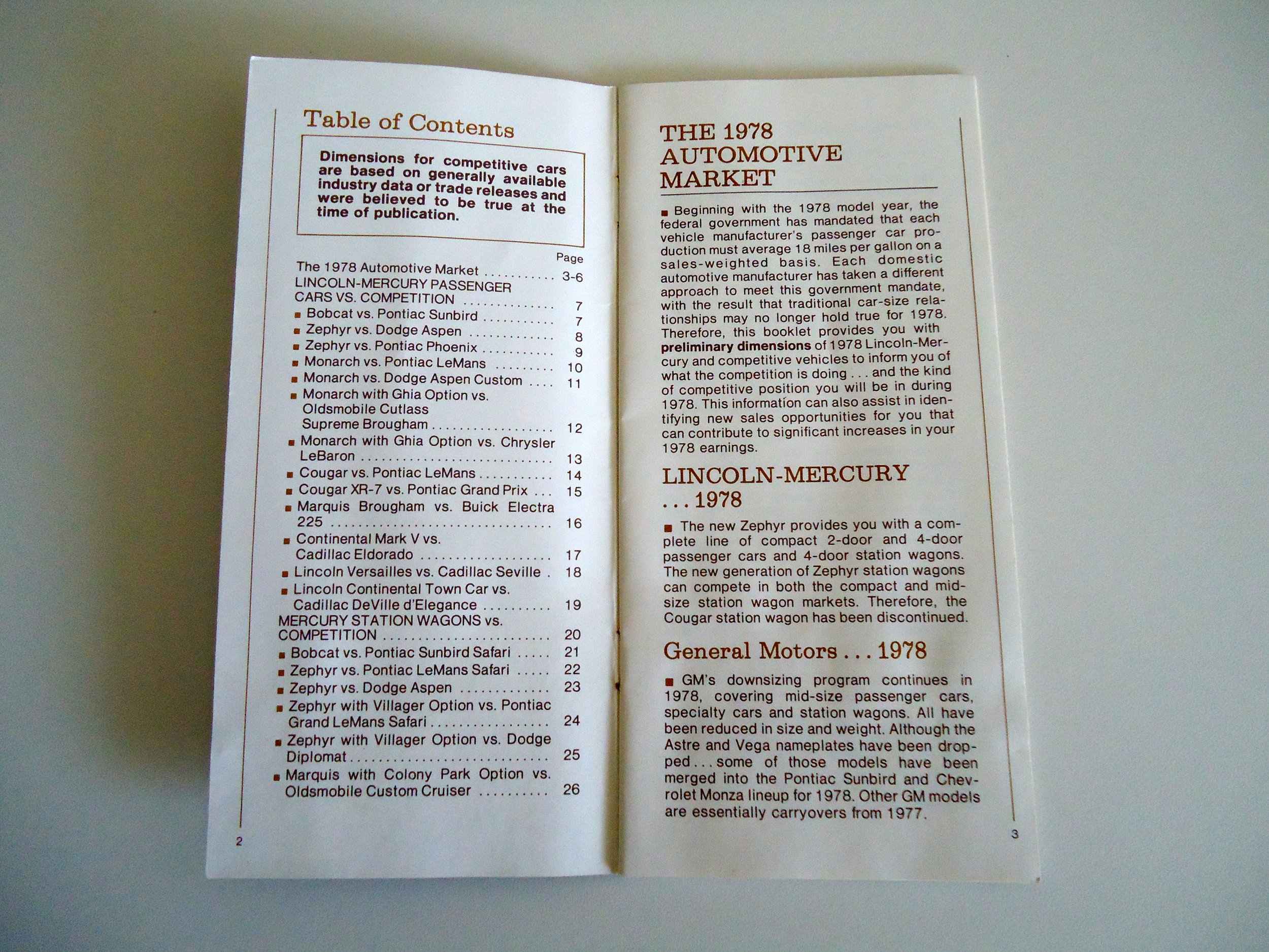 Open booklet with the table of contents for the 1978 automotive market, listing various car comparisons and models.