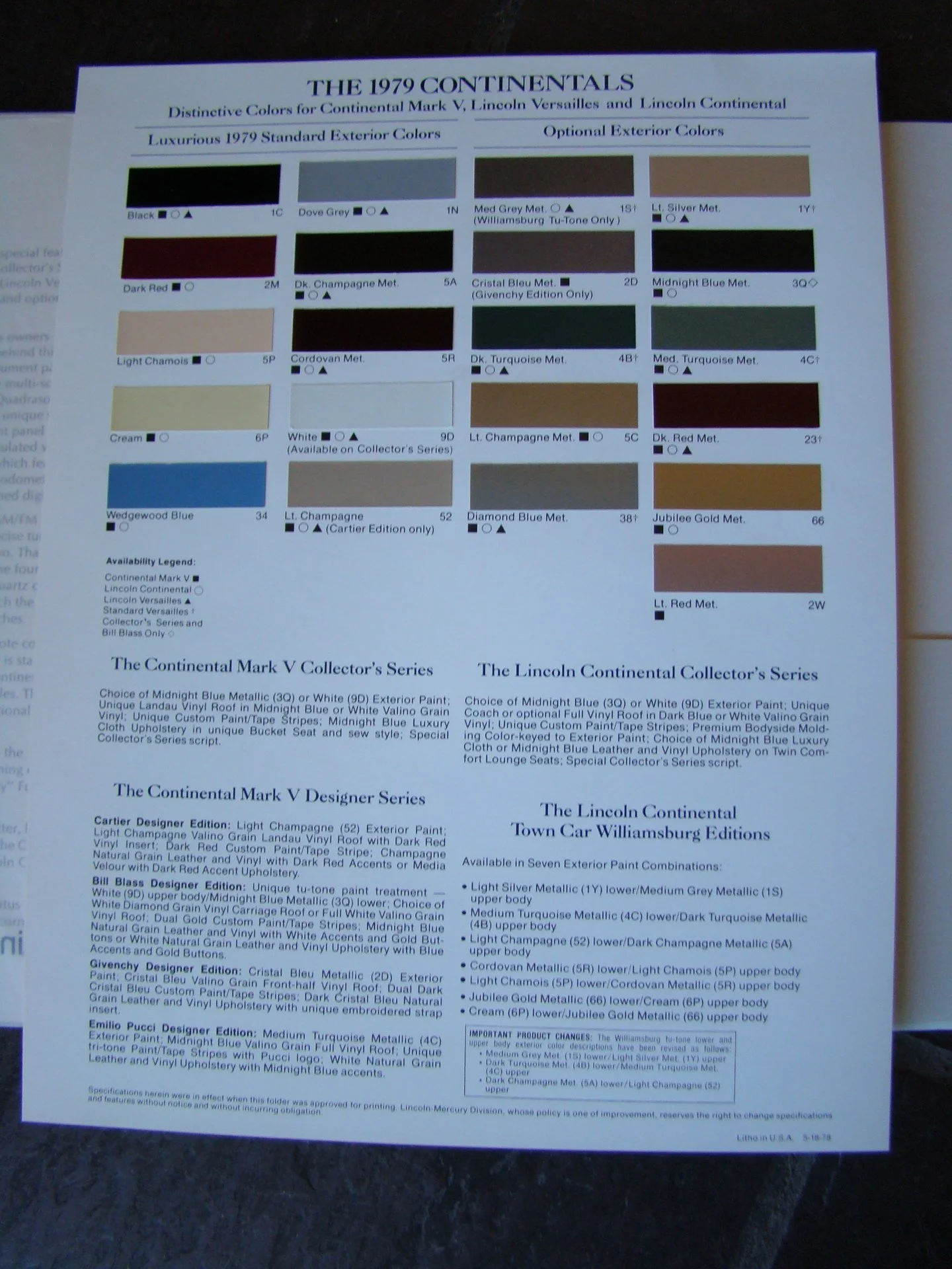 A color chart detailing the exterior colors and options for the 1979 Lincoln Continental, including standard and optional colors, along with a description of the Lincoln Continental Mark V collector's series, designer series, and Lincoln Continental