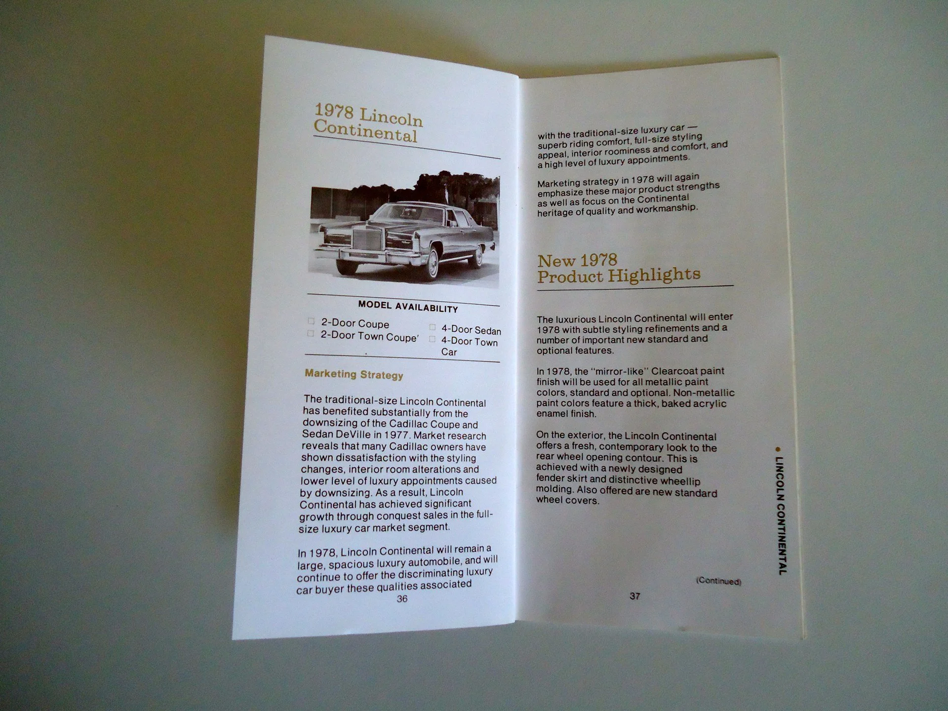 Open brochure for the 1978 Lincoln Continental showing a black-and-white photo of the car, model options, and text about marketing strategy and product highlights.