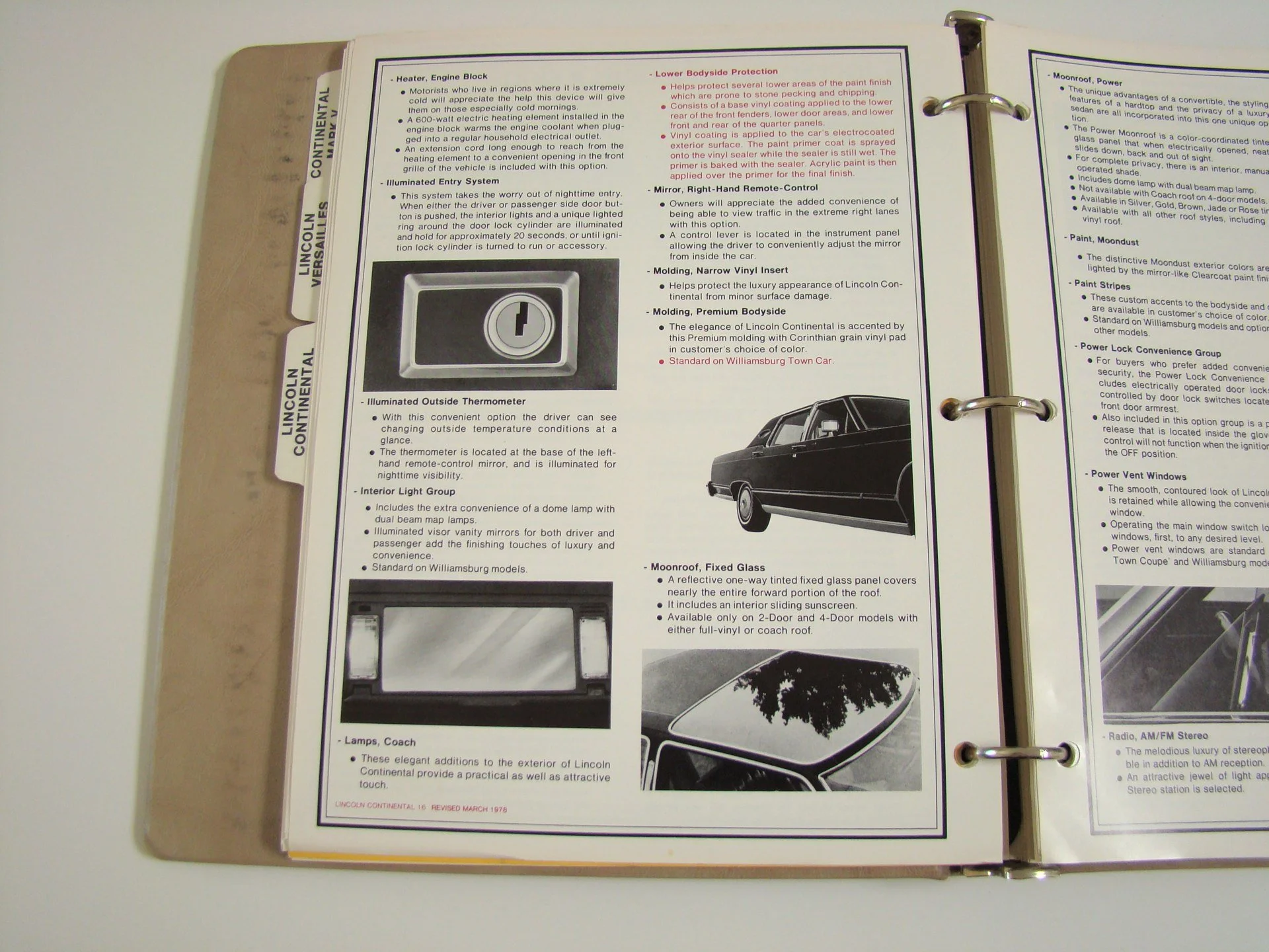 Open car brochure showing features of a Lincoln Continental, including details about the heater, engine block, entry system, thermometer, light group, moonroof, and other interior and exterior details. Contains black and white images of the car and r