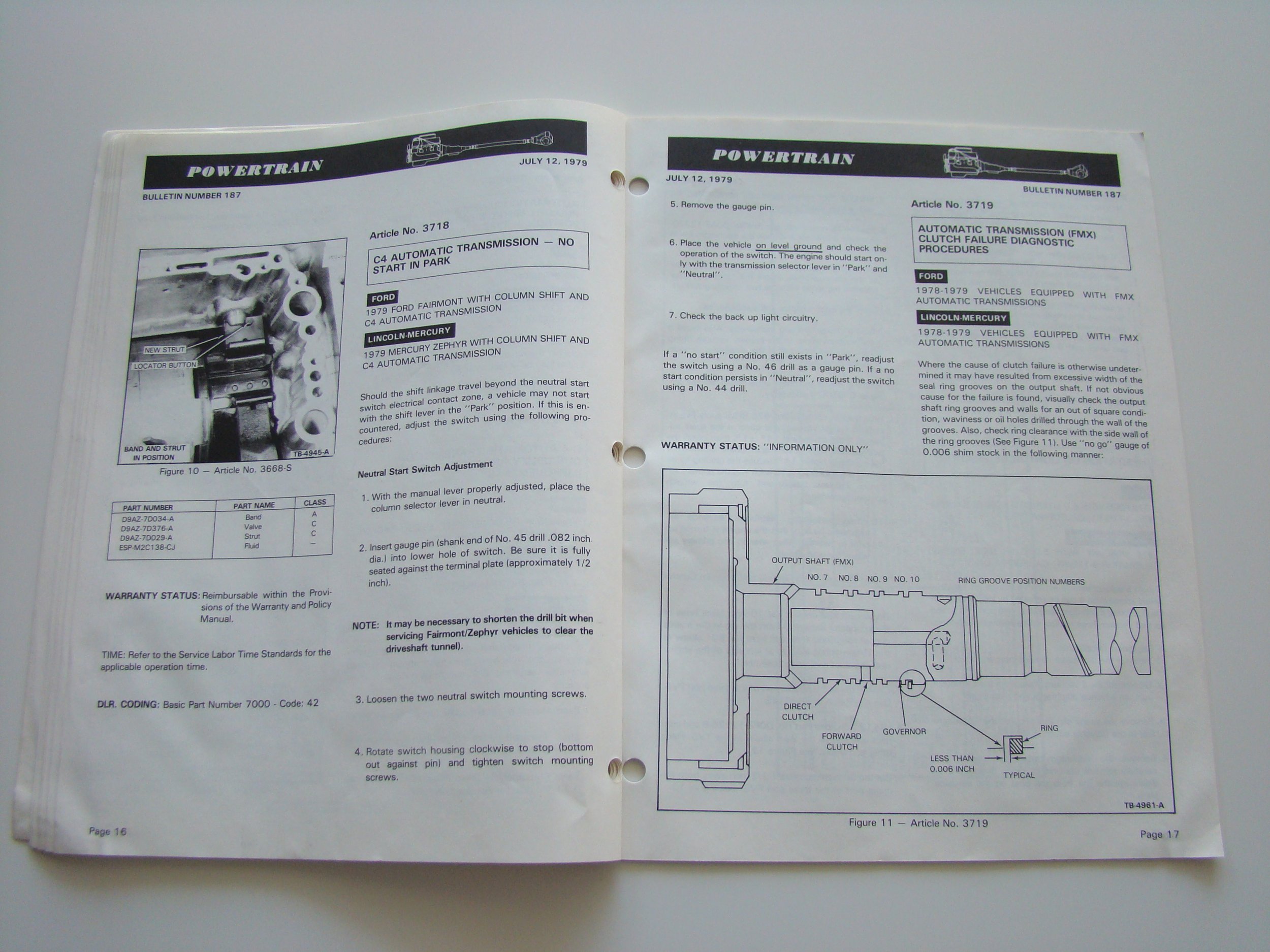 Open technical manual or service bulletin with diagrams and instructions for vehicle transmission repair, including details for Ford and Lincoln-Mercury vehicles from 1978-1979.