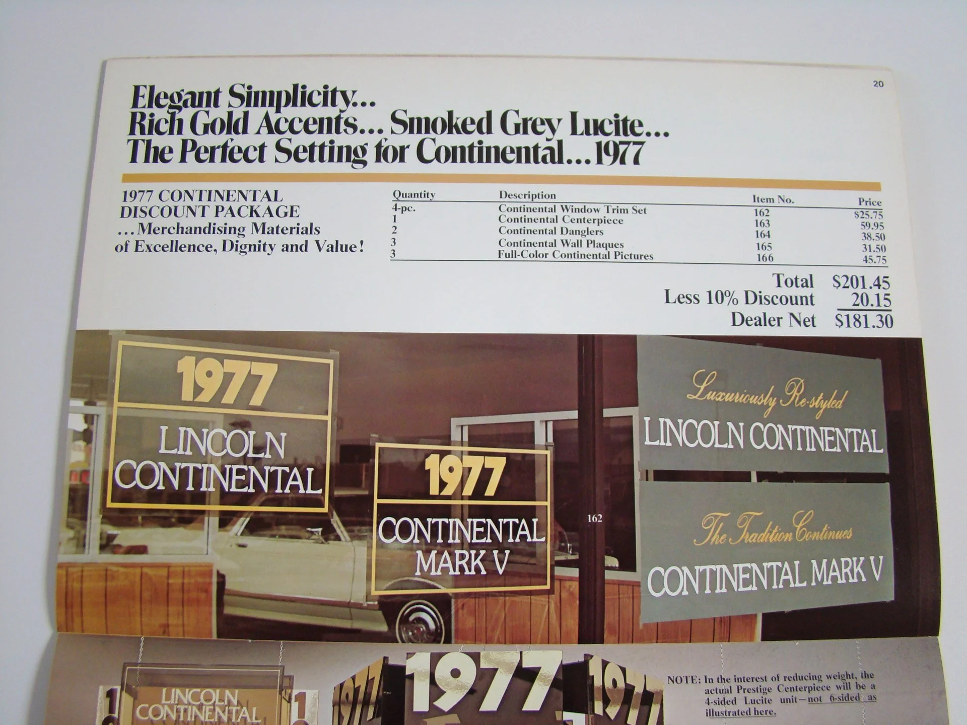 Promotional flyer featuring 1977 Lincoln Continental car with various window signs and promotional text.