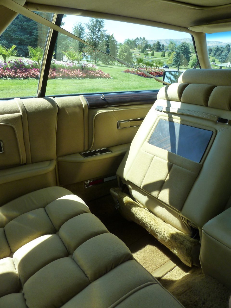 Interior view of a vintage beige car showing the back seat and a view through the window of a landscaped garden with flowers and trees.