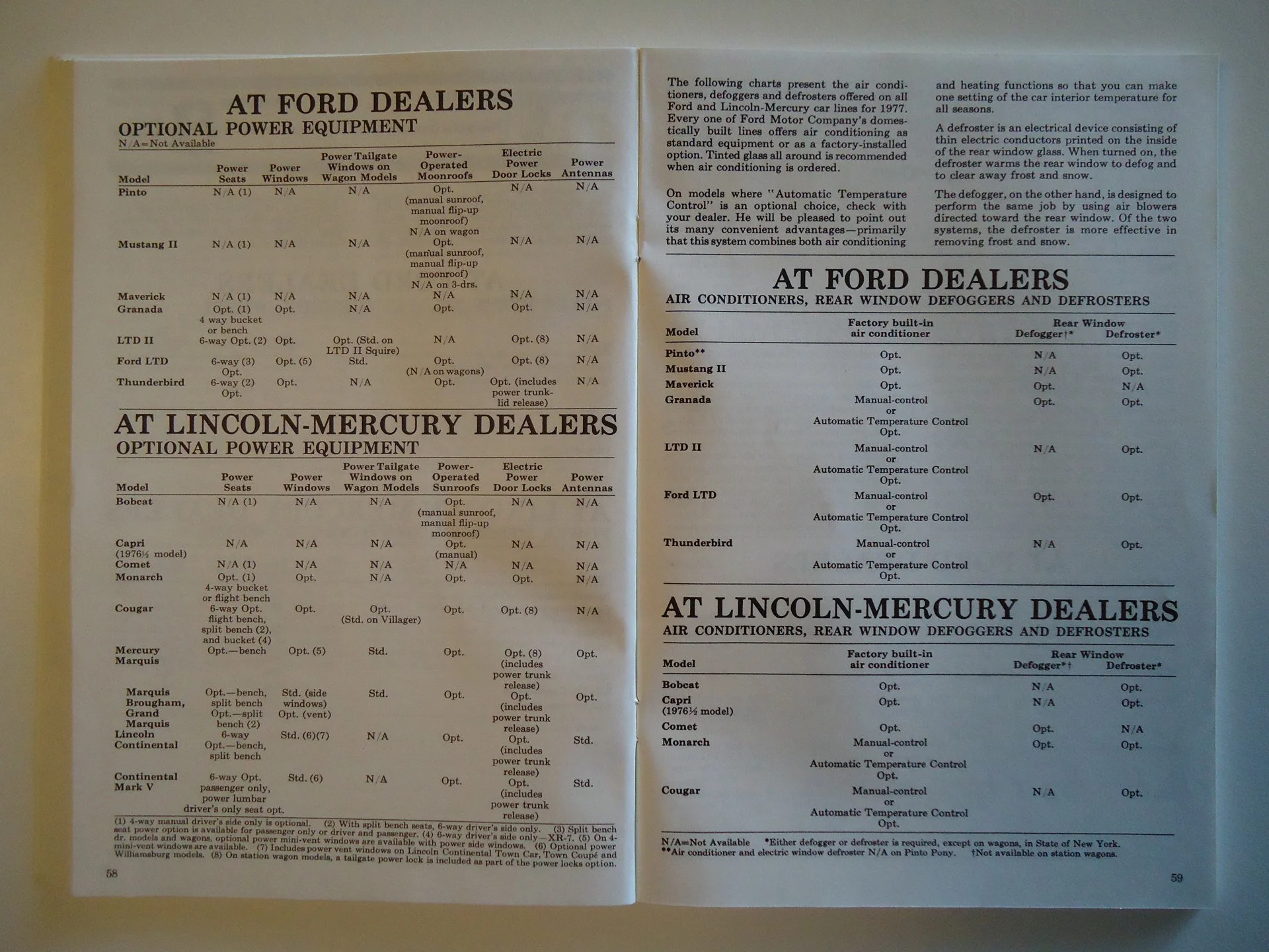 A vintage car parts catalog page showing optional power equipment for Ford and Lincoln-Mercury cars, including models, features, and options for rear window defoggers and air conditioners.