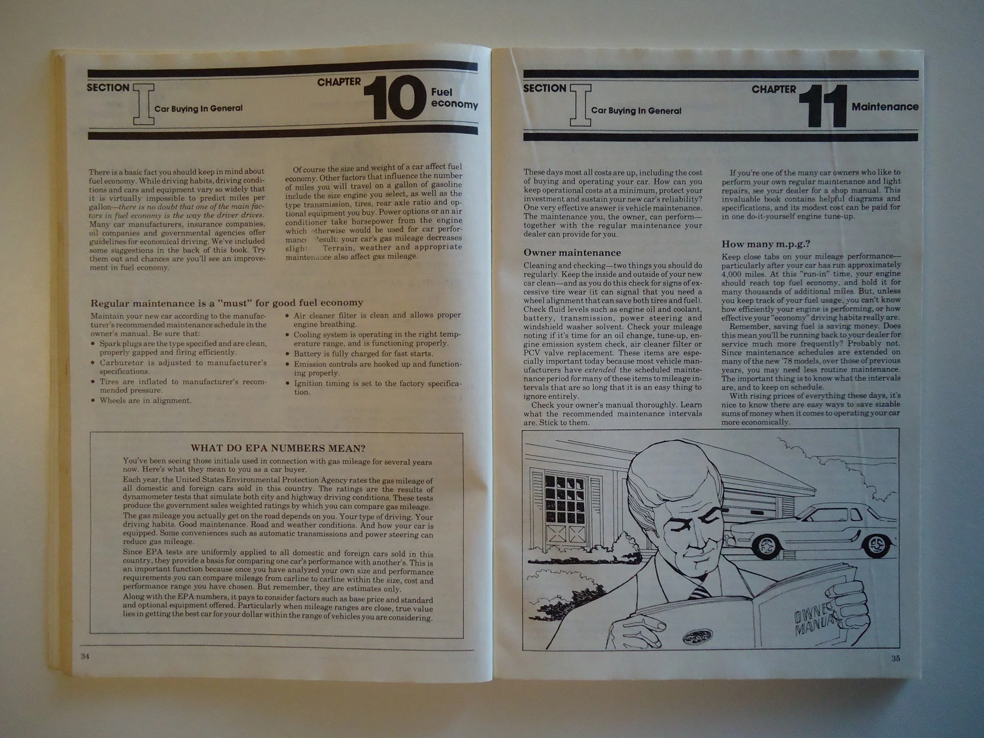 Open magazine with two pages. Page 34 discusses fuel economy, regular maintenance, and EPA numbers. Page 35 covers car maintenance, owner advice, and has a drawing of a man reading a manual with two cars in the background.