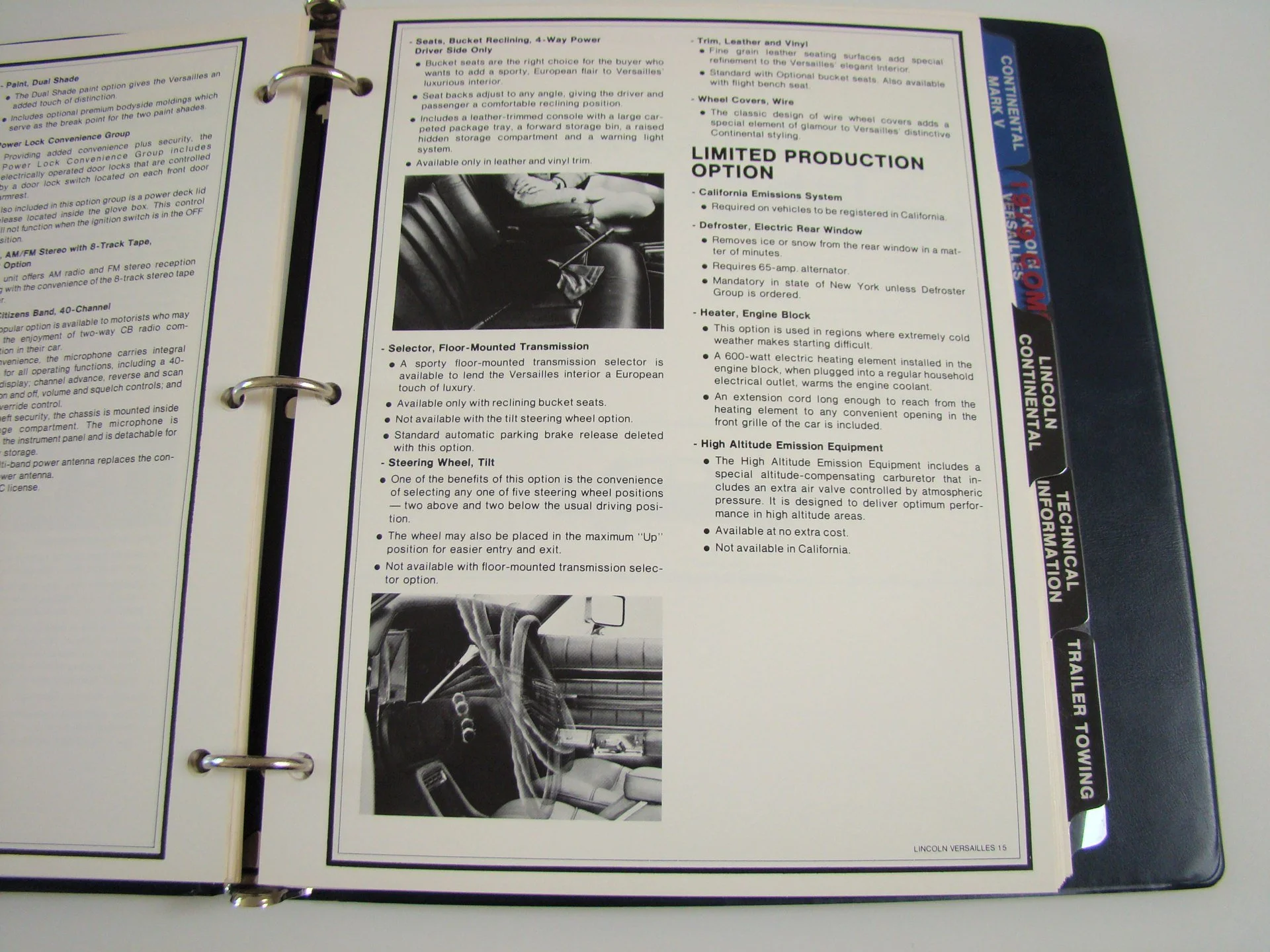 Open car dealership brochure showing interior features and options for Lincoln Versailles, including images of the dashboard and steering wheel.