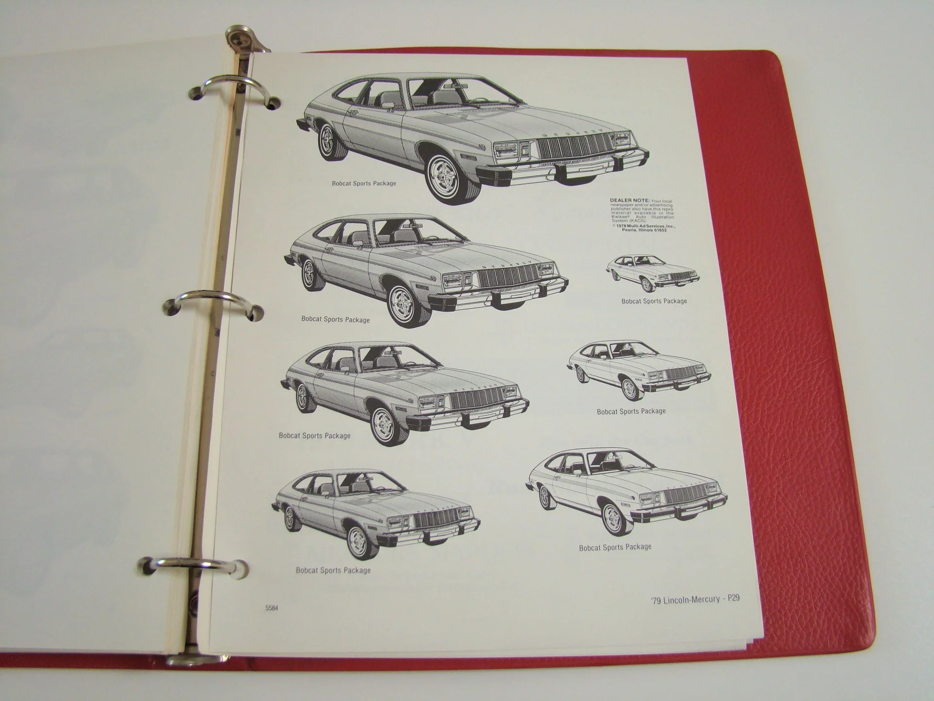 A printed catalog page showing multiple black and white illustrations of a 1979 Lincoln-Mercury car, labeled as 'Bobcat Sports Package,' in various angles.