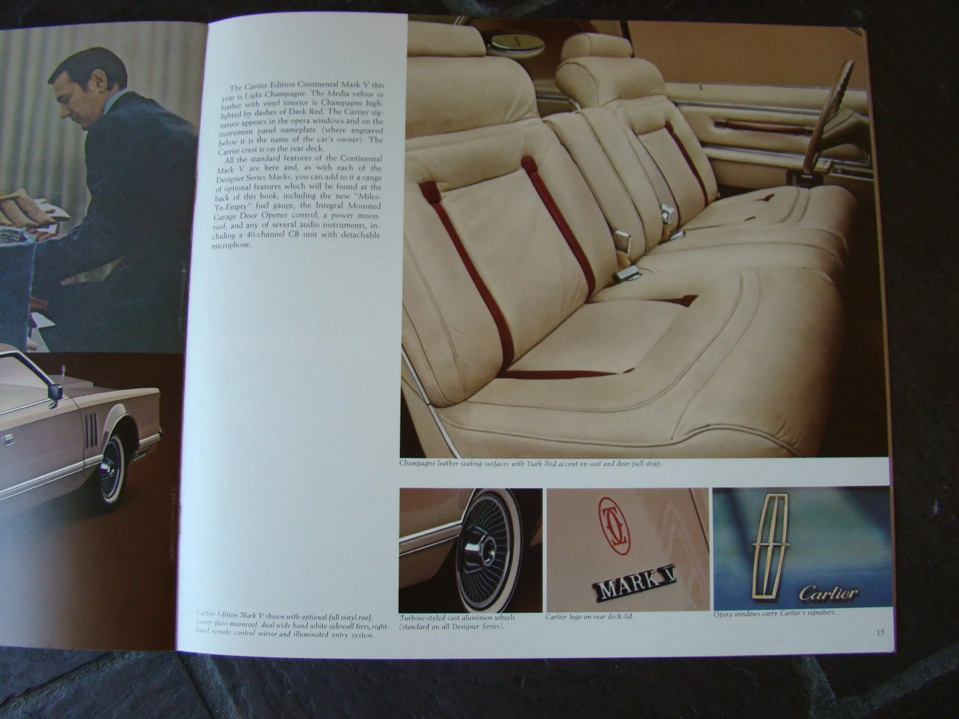 Interior of a vintage car with leather seats showing red accents, steering wheel, and control panel. Additional close-ups of the car's wheels, logo, and signature badge are also visible.