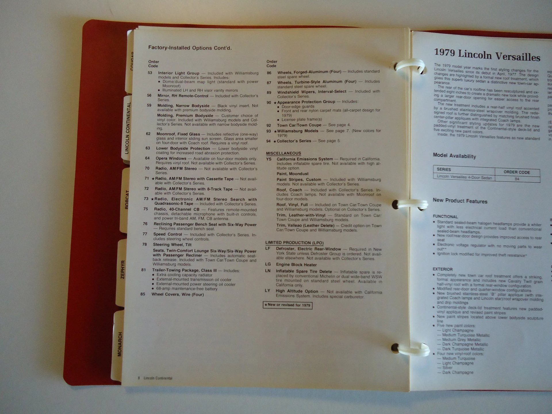 Page from a 1979 Lincoln Versailles car brochure detailing factory-installed options, model features, and color choices.