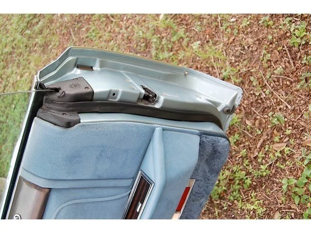 Close-up of a vintage car's interior and luggage compartment with an open door, showing the backseat and trunk area on grassy ground.