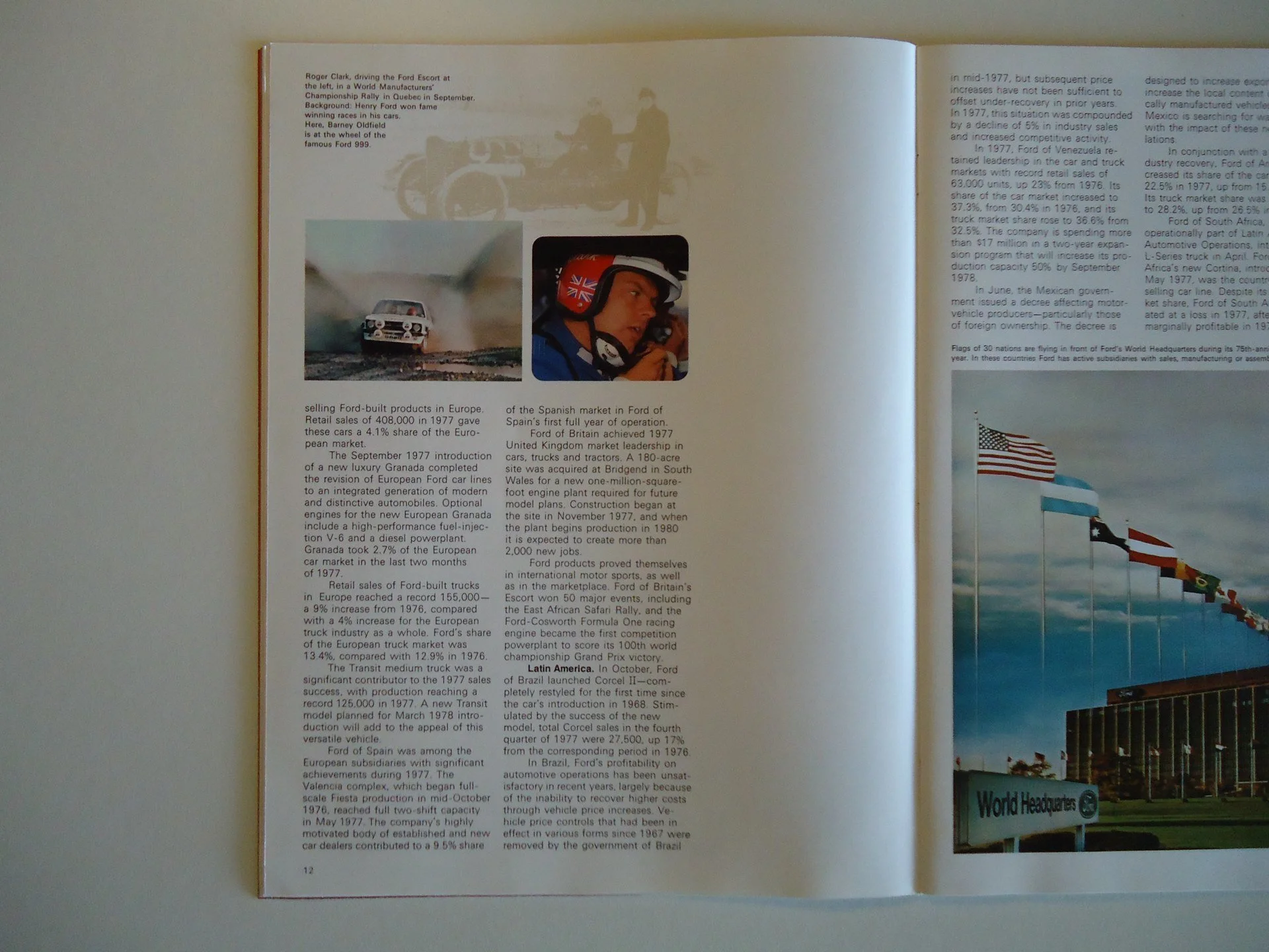 Open magazine showing pictures of a Ford car rally, a racing car splashing water, and a race car driver wearing a helmet with the British flag, with text about Ford's automotive history.