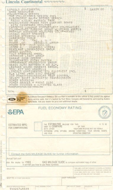 A vehicle window sticker with details including Lincoln Continental features, Lincoln Comfort Package, and EPA fuel economy rating, along with a gas mileage estimate section.