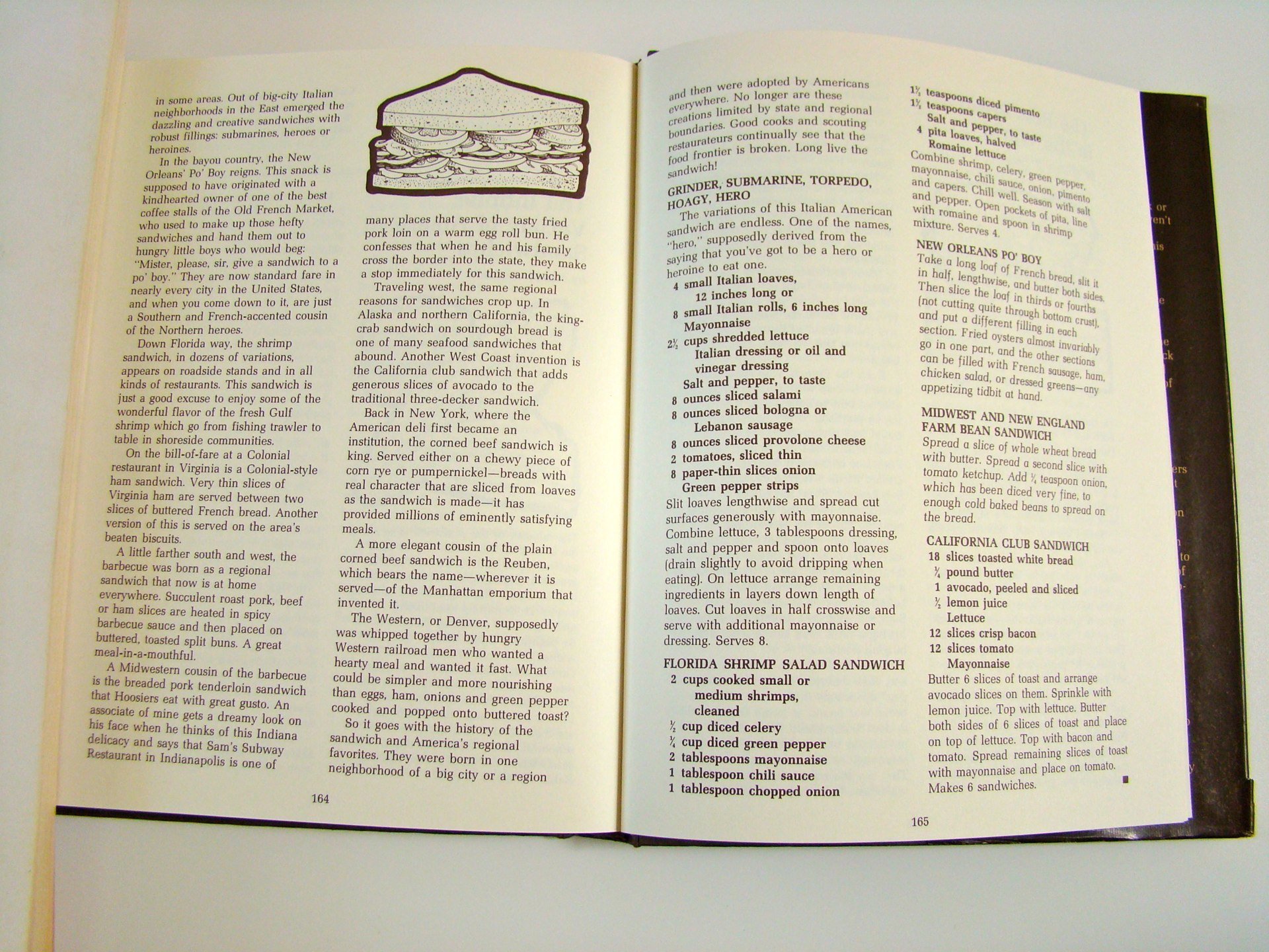 Open cookbook with illustrated sandwich drawing and pages featuring recipes for sandwiches and salads.