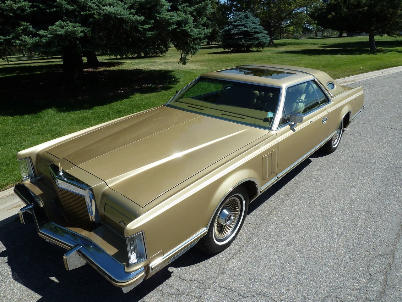 A vintage gold-colored car parked on a paved street with green grass and trees in the background.