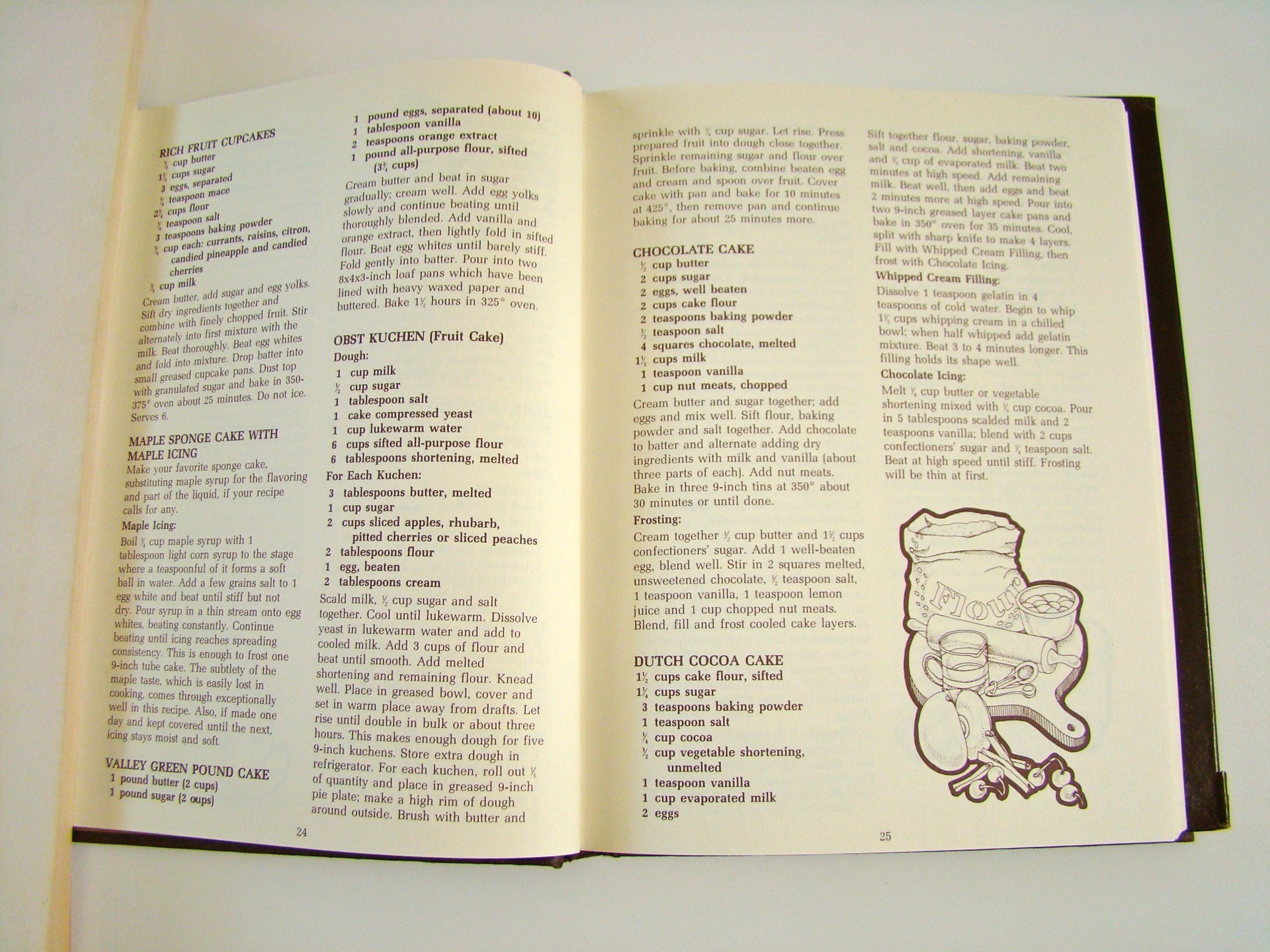 Open cookbook pages featuring recipes for fruit cupcakes, maple sponge cake with maple icing, valley green pound cake, obst Kuchen (fruit cake), chocolate cake, Dutch cocoa cake, and a graphic illustration of a coffee pot, cups, and utensils.