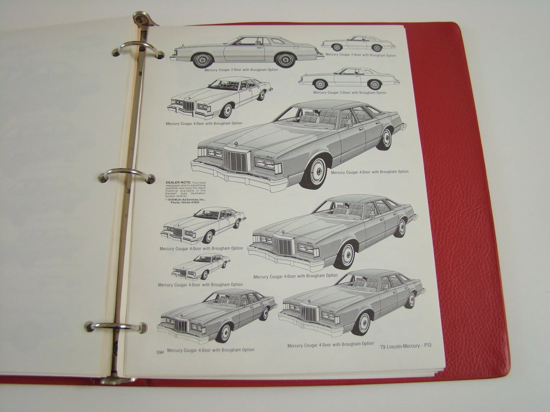 A catalog page displaying various black-and-white line illustrations of Mercury Cougars from 1979, including different body styles and options.