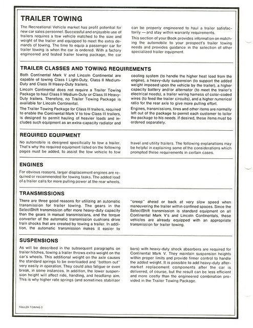 Text document outlining trailer towing guidelines, requirements, and equipment considerations for vehicle and trailer safety.