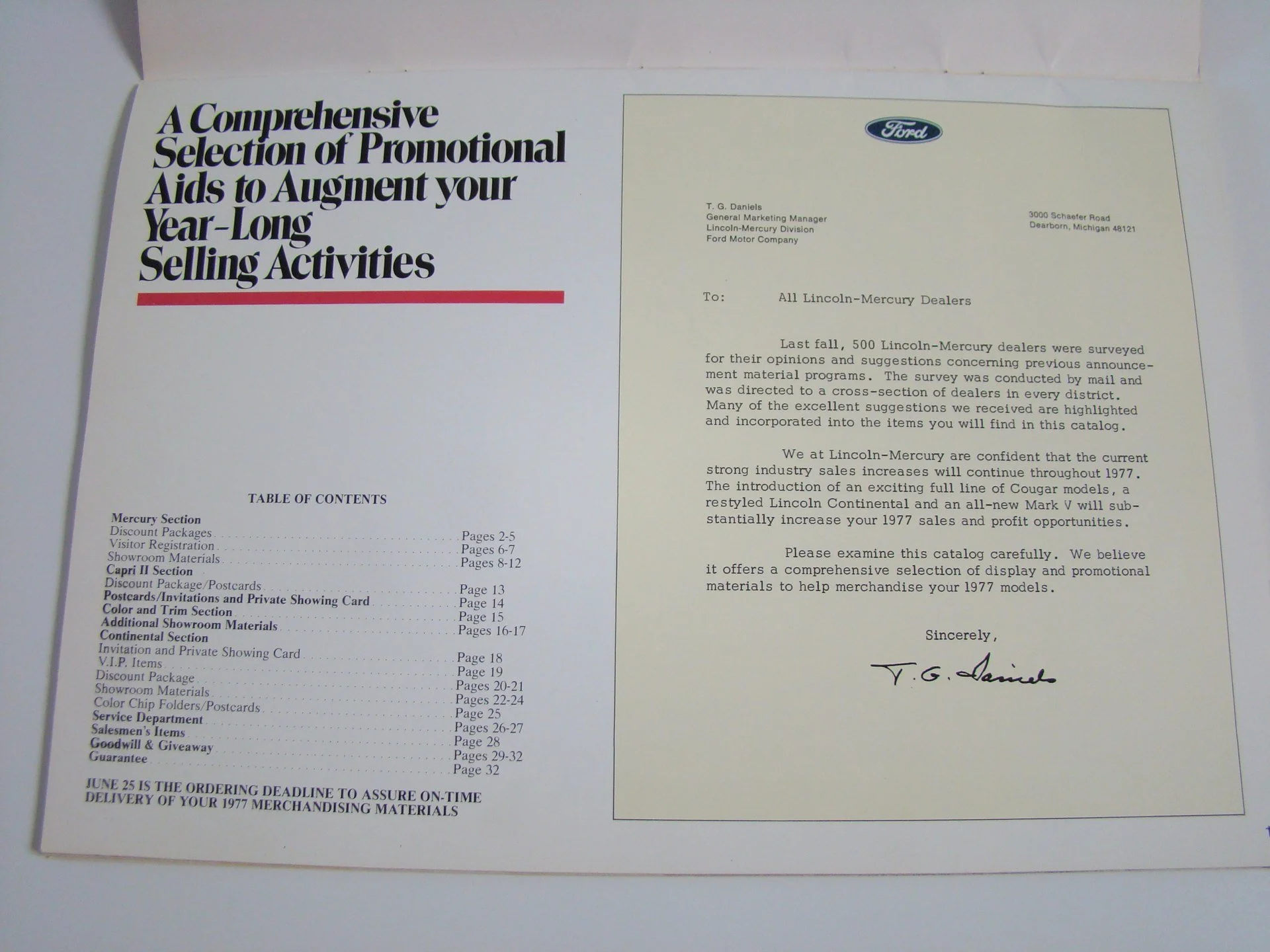 A promotional catalog from Ford Motor Company featuring a letter addressed to Lincoln-Mercury dealers and a table of contents listing sections about mercury and Lincoln vehicles, showroom materials, advertising, and sales items.
