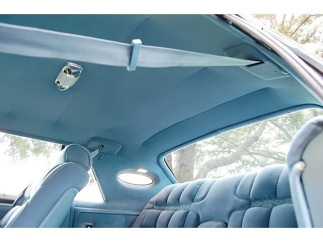 Interior of a vintage car, showing a light blue headliner, back seats, and a clothesline with a hanging cloth, with trees visible outside the windows.