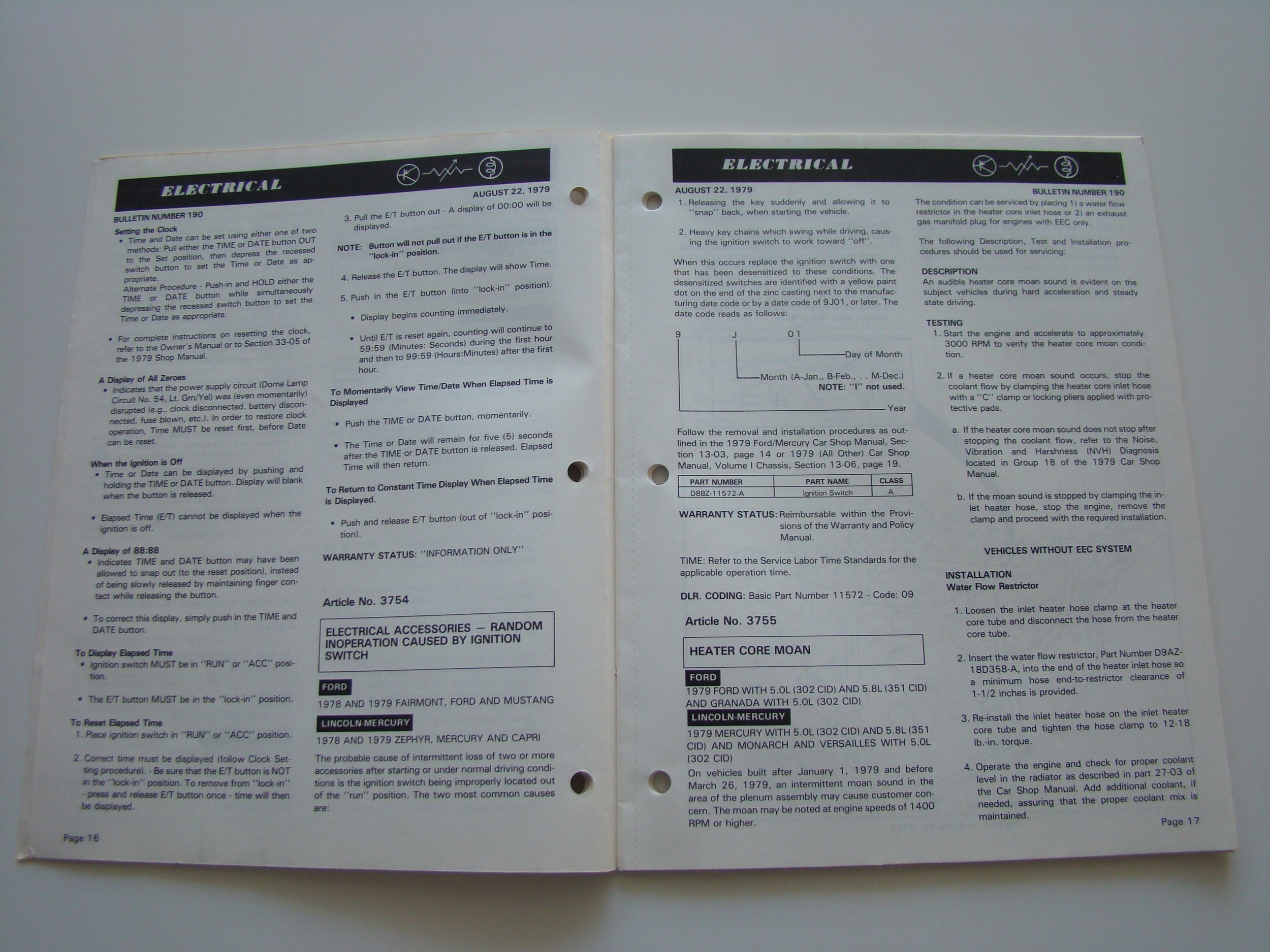 Open car manual pages discussing electrical system procedures, ignition switch, water flow restrictor, and heater core moan for Ford and Lincoln-Mercury vehicles from 1978 and 1979.