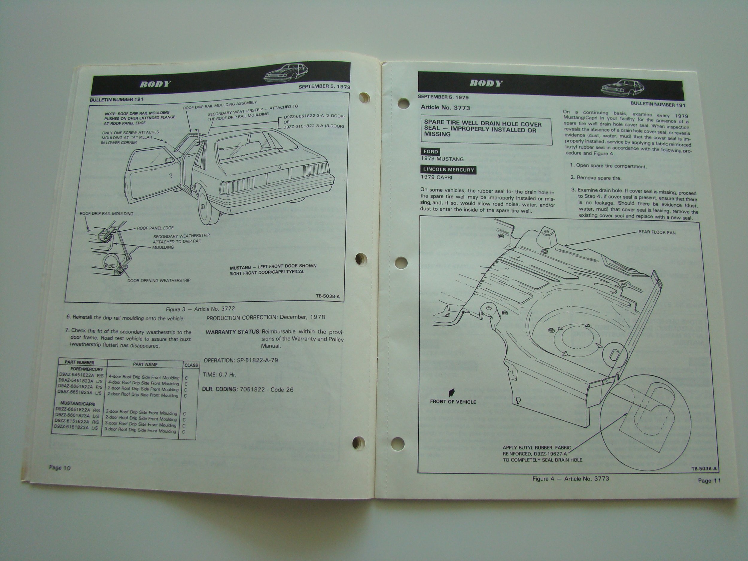 Open vintage car maintenance manual showing diagrams of a 1979 Mustang and radiator drain hole cover repair instructions.