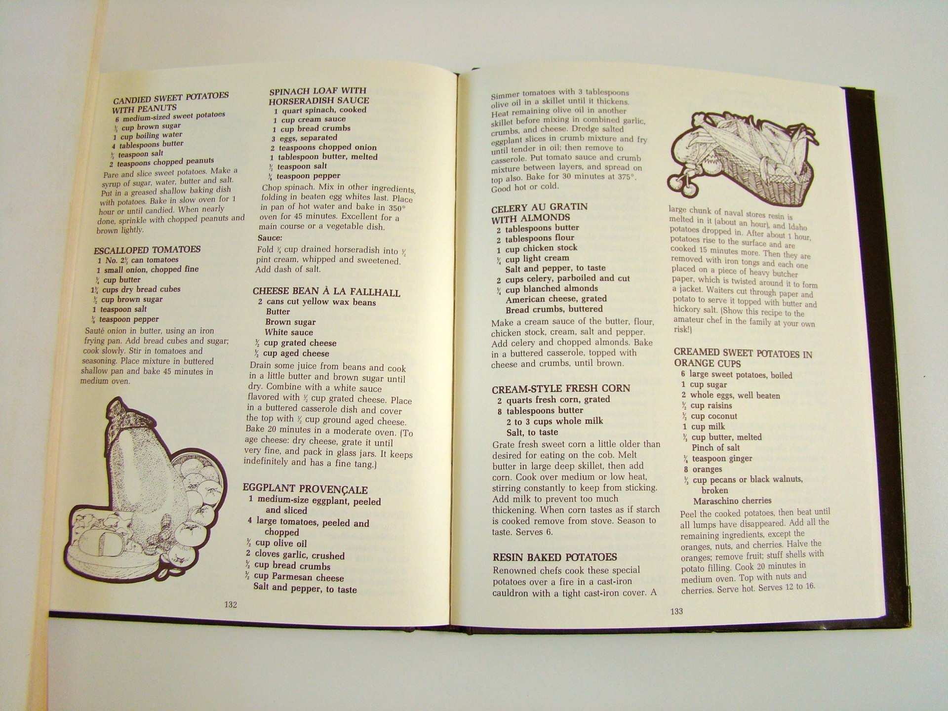 Open cookbook showing recipes for candied sweet potatoes with peanuts, spinach loaf with horseradish sauce, escalloped tomatoes, cheese bean à la fallhall, eggplant provençale, celery au gratin with almonds, creamed sweet potatoes in orange cups, and