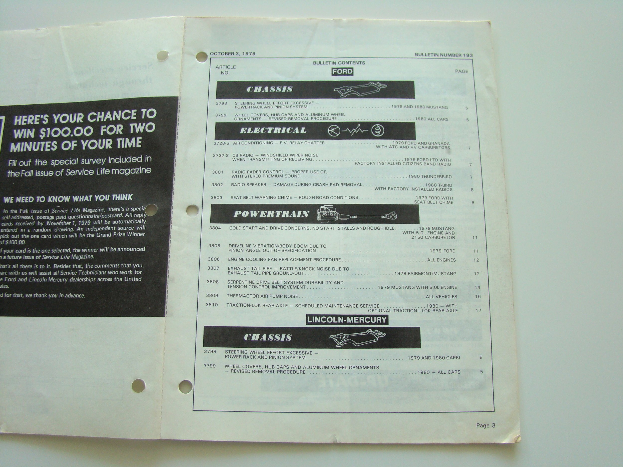 A page from a vintage car service bulletin dated October 3, 1979, listing topics under chassis, electrical, powertrain, and Lincoln-Mercury sections, with descriptions and page numbers.
