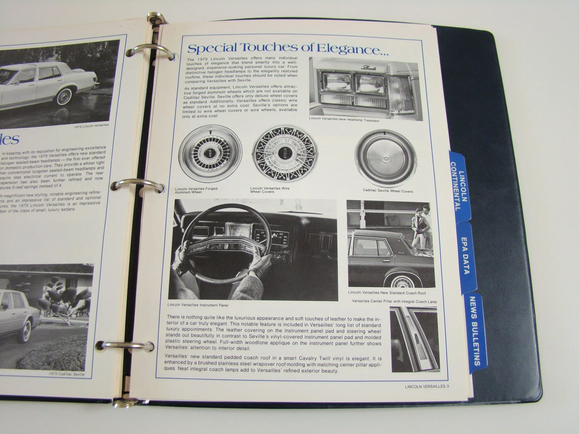 Open car brochure featuring black and white images and descriptions of Lincoln Versailles models and accessories, including wheels, instrument panels, and the coach roof.