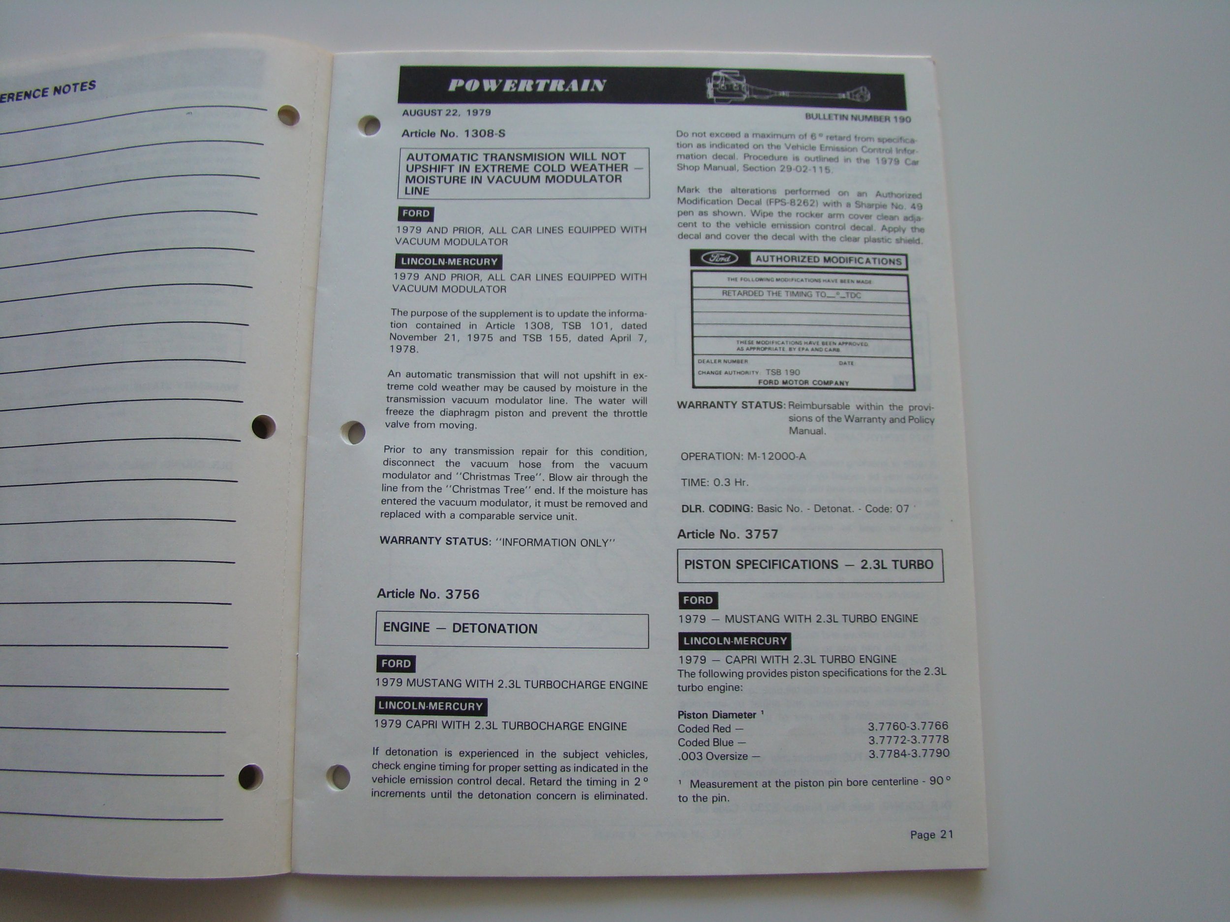 A technical manual page from August 22, 1979, detailing vehicle specifications, warranty information, and authorized modifications for Ford and Lincoln-Mercury vehicles, specifically focusing on 1979 Mustang 2.3L Turbo engine and automatic transmissi