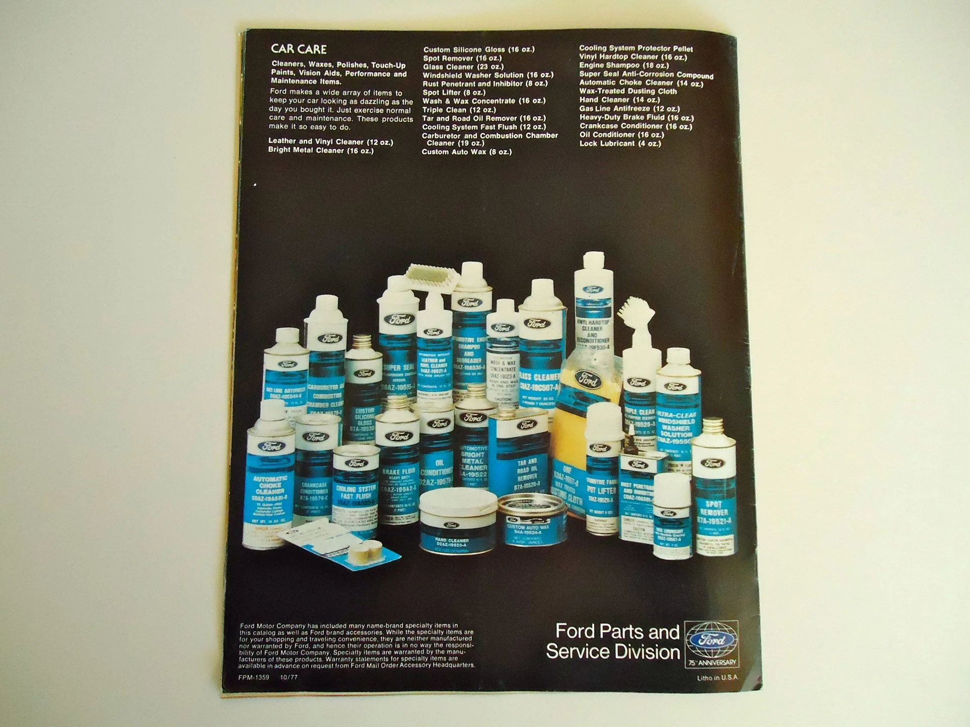 A catalog page from Ford Parts and Service Division featuring various automotive cleaning and maintenance products, including sprays, waxes, polishes, and cleaners, arranged on a black background.