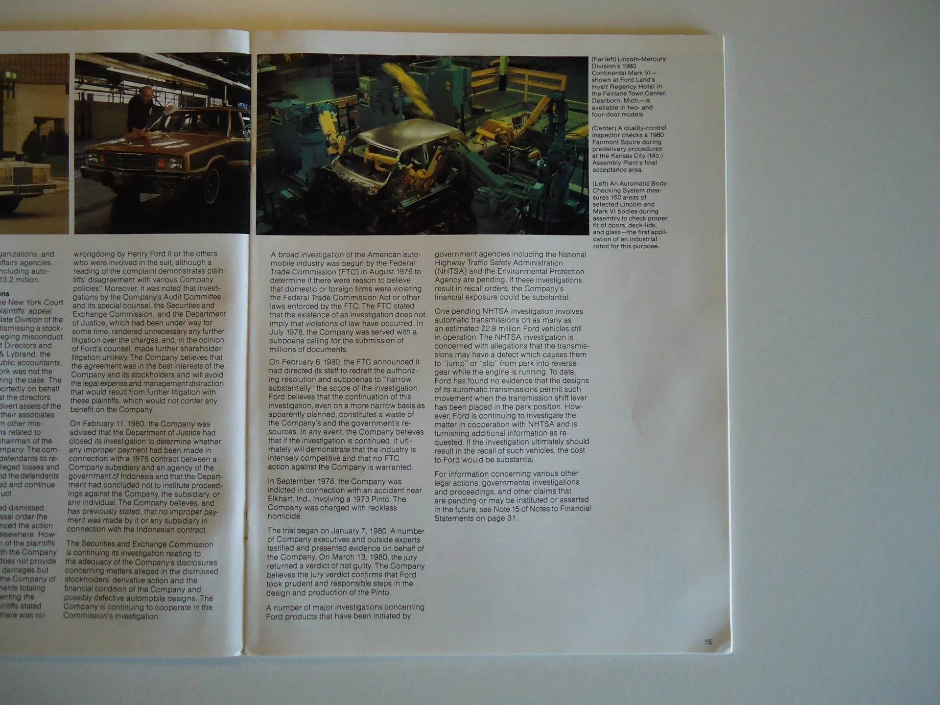 A magazine spread with two black and white photographs of vintage automobiles and machinery, and columns of descriptive text about automotive industry investigations and historical events.