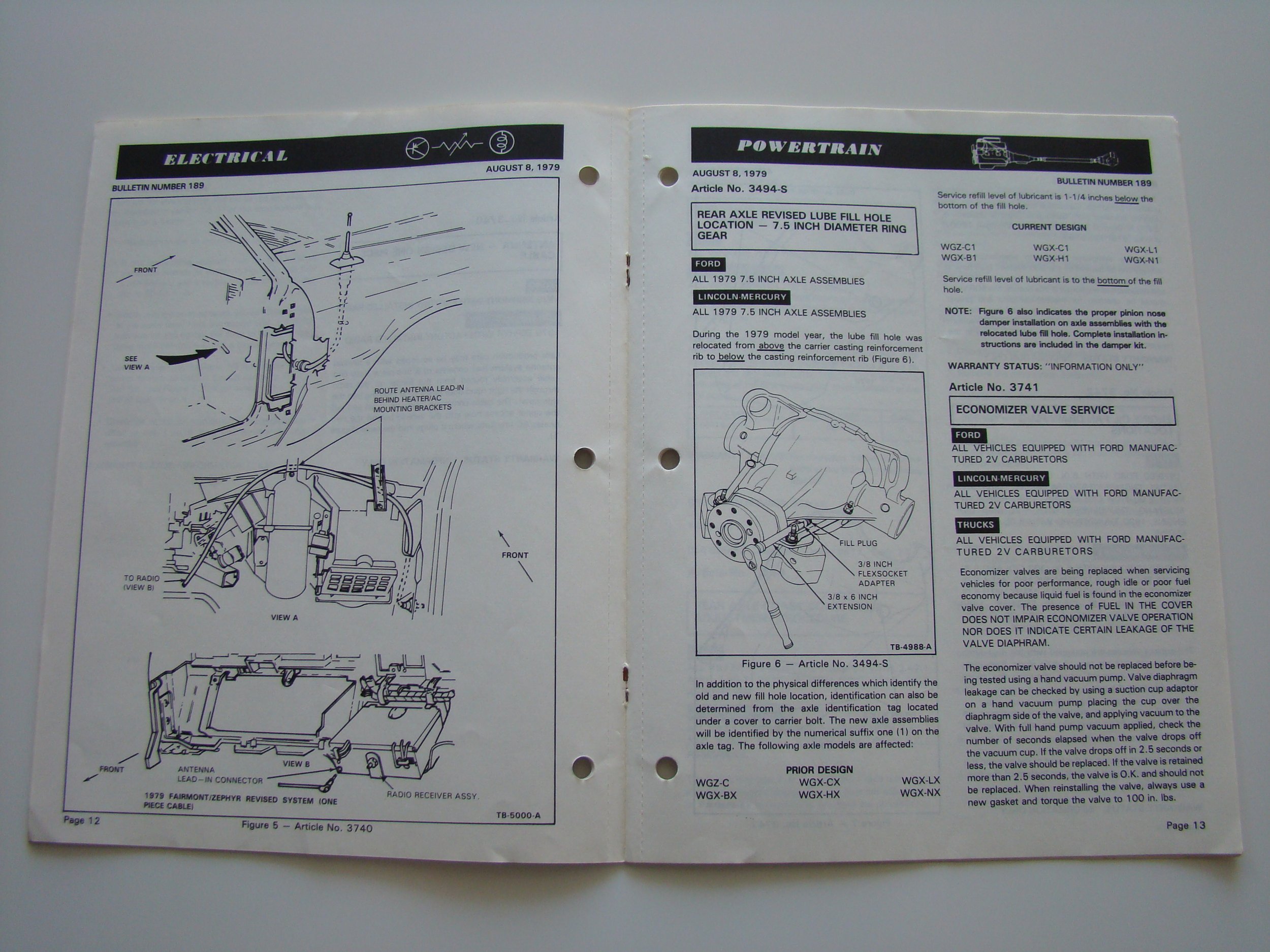 Two-page technical manual with diagrams and instructions for vehicle electrical and powertrain systems, dated August 8, 1979.