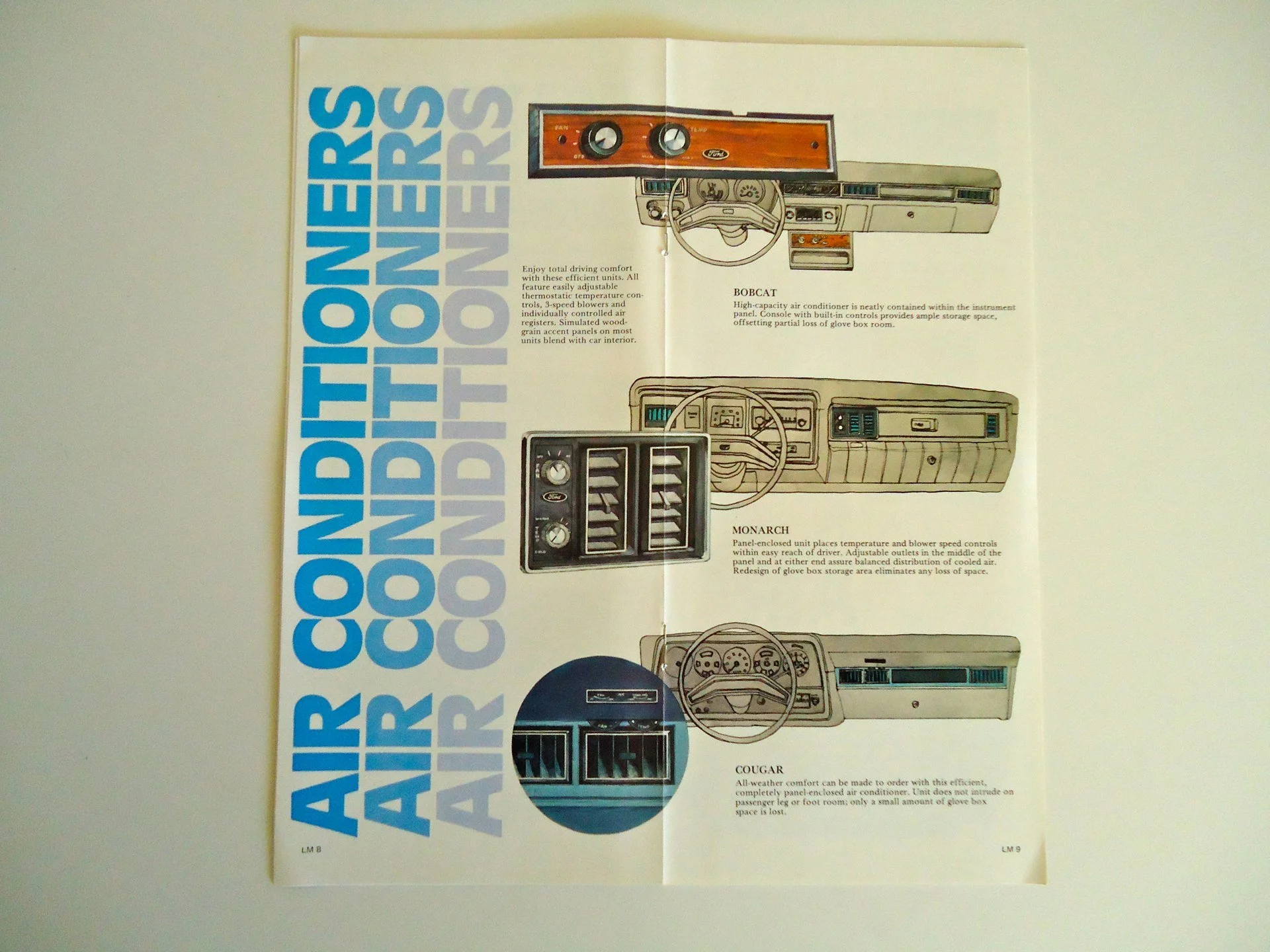 A vintage car climate control brochure showing images and descriptions of three air conditioning units: Bobcat, Monarch, and Cougar, with large blue text on the left side reading 'Air Conditioner' repeated multiple times.