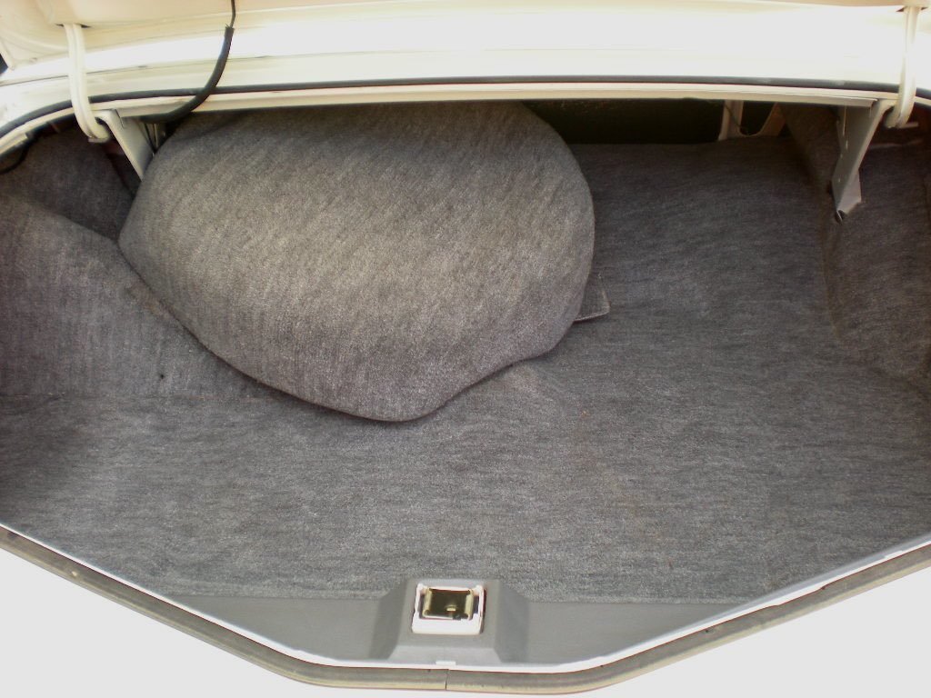 The interior of a car trunk showing a cushion and carpeted surface.
