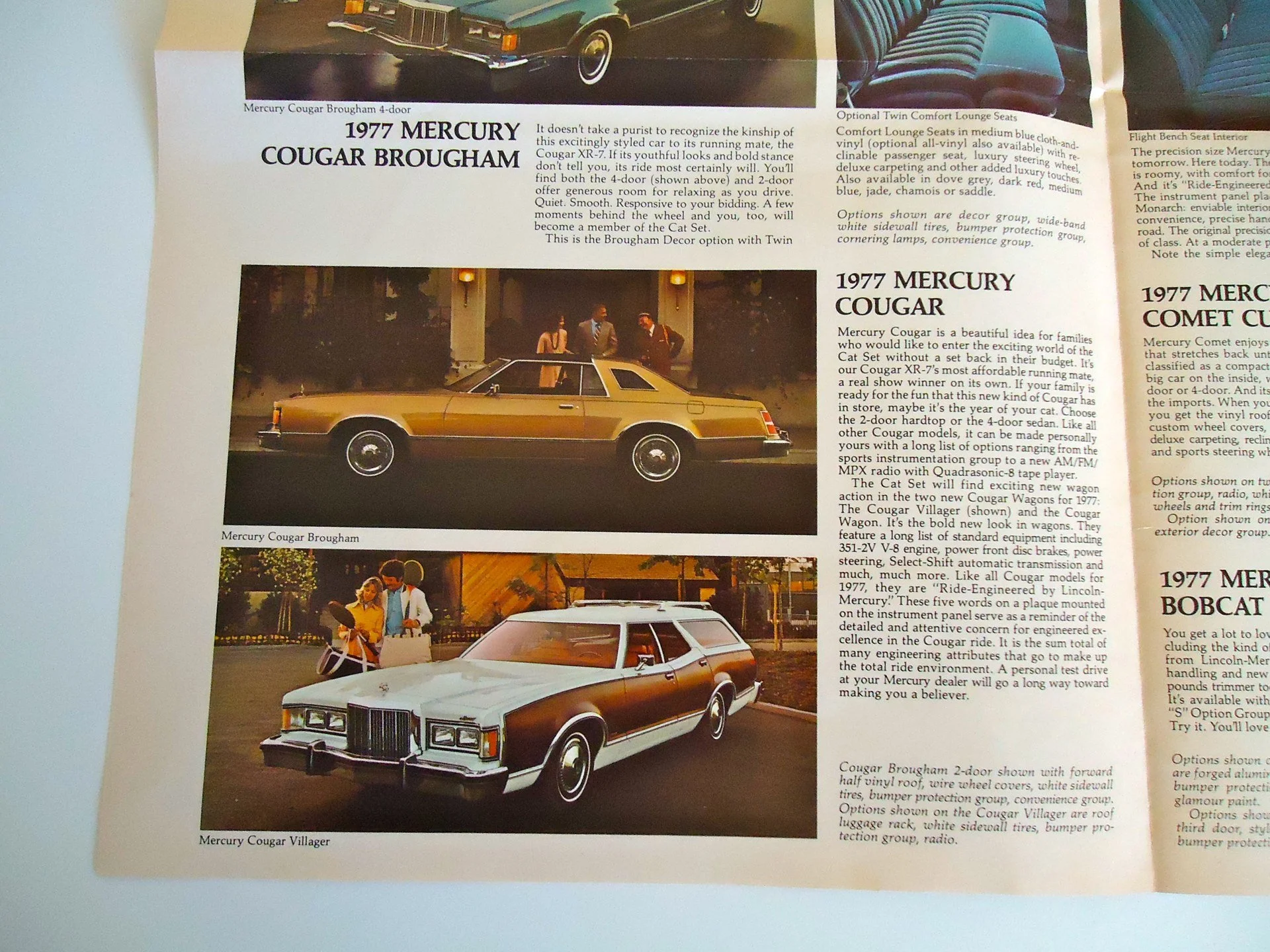Page from a car brochure featuring three images of 1977 Mercury Cougar models: a Brougham, a Brougham with a gold paint job, and a Villager. The page includes descriptions of each model and their features.