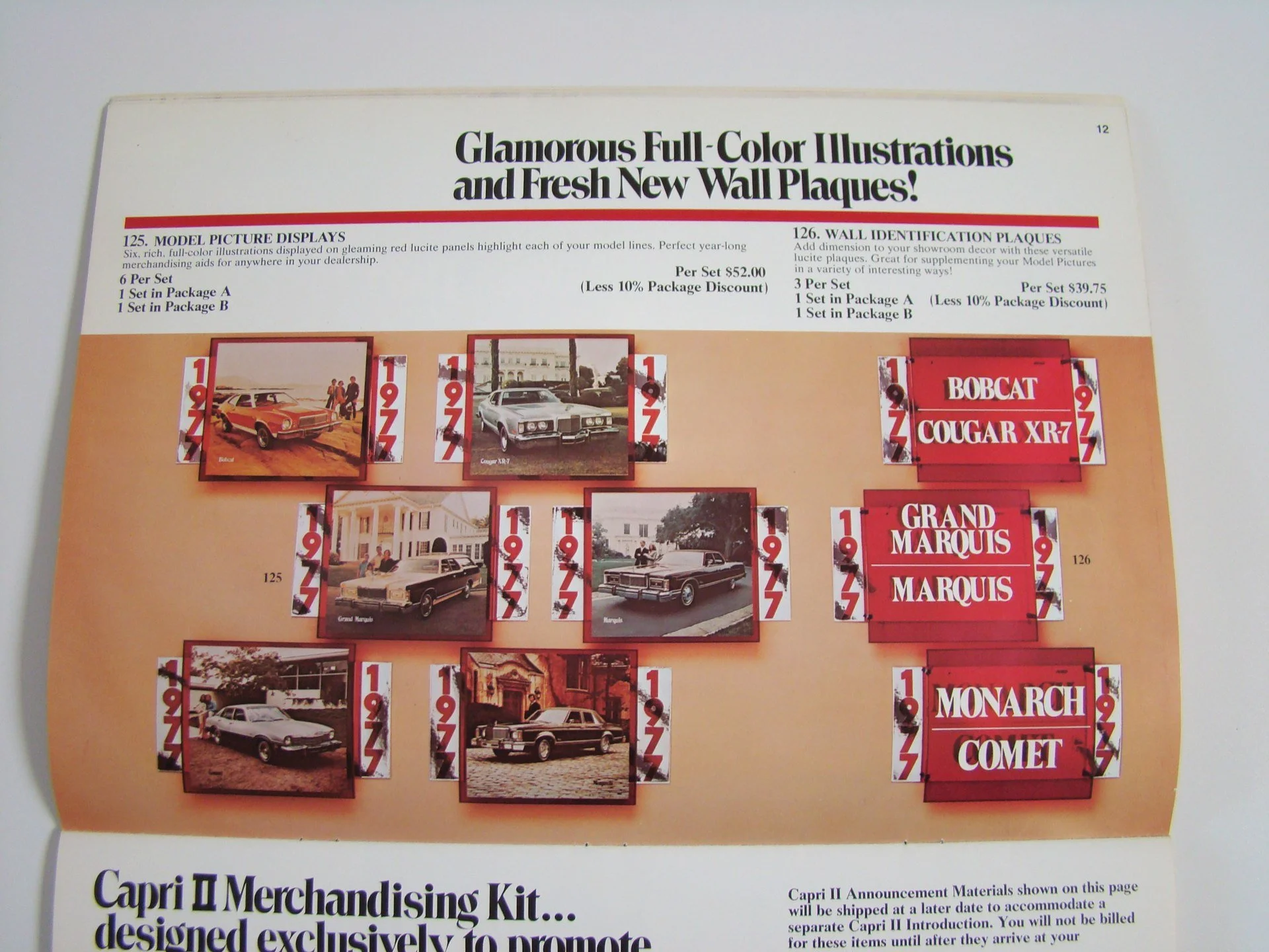 Page showcasing vintage car model pictures and wall plaques, with images of classic cars and text labels like 'Grand Marquis' and 'Monarch Comet'.