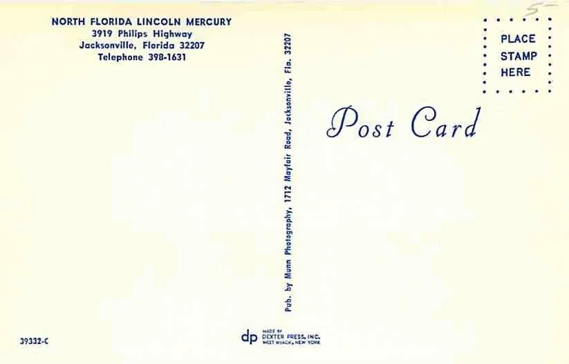 Back side of a vintage postcard featuring the address of North Florida Lincoln Mercury dealership in Jacksonville, Florida, with space for a postage stamp and a message.