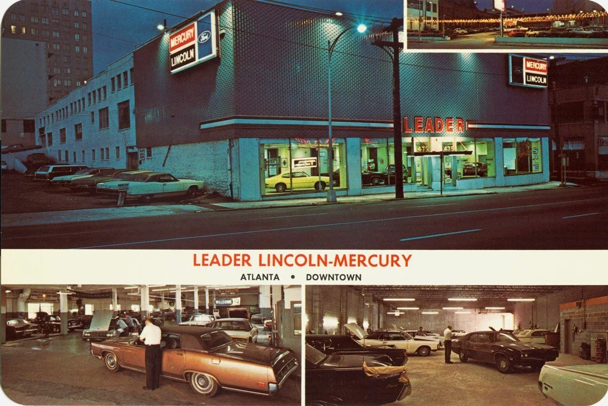 Collage of vintage car dealership and showroom scenes, featuring old cars and dealership signage for Leader Lincoln-Mercury in Atlanta downtown.