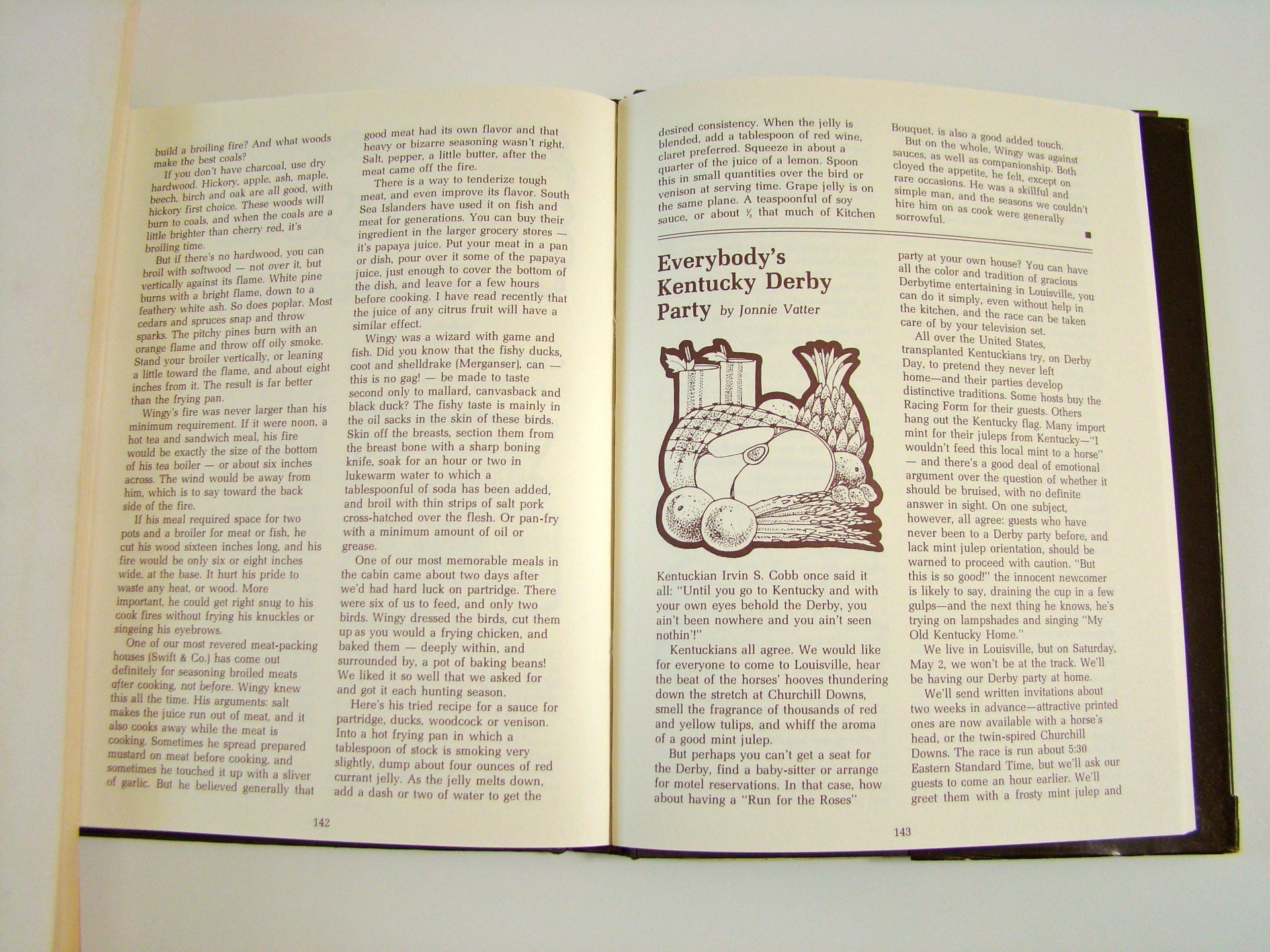 Open cookbook to a page titled "Everybody's Kentucky Derby Party" with an illustration of a jug, pineapple, oranges, and a horse in the center of the right page.