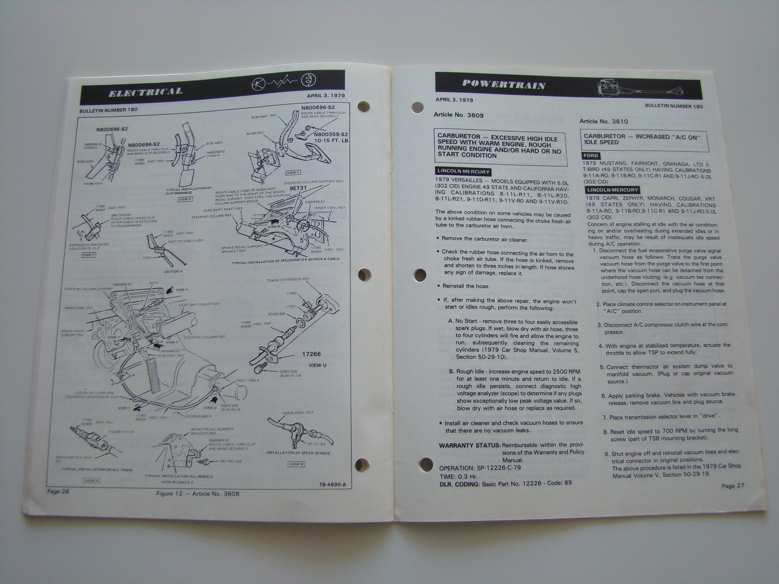 A vintage technical manual open to pages 26 and 27, with diagrams and instructions related to electrical and powertrain systems of a 1979 car, including diagrams of wiring and components, and detailed maintenance steps.