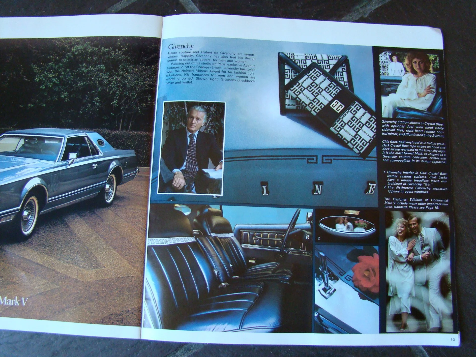 A magazine spread showcasing a black and silver vintage car, a man in a suit sitting outdoors, a black leather interior of a car, and various luxury accessories including Givenchy items, jewelry, and flowers.