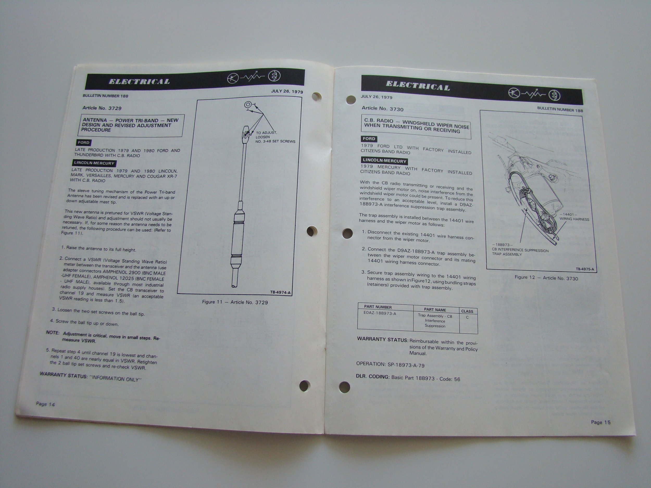 Open vintage service manual for Ford and Lincoln-Mercury cars, pages with electrical repair instructions, diagrams, and component details from July 26, 1979.