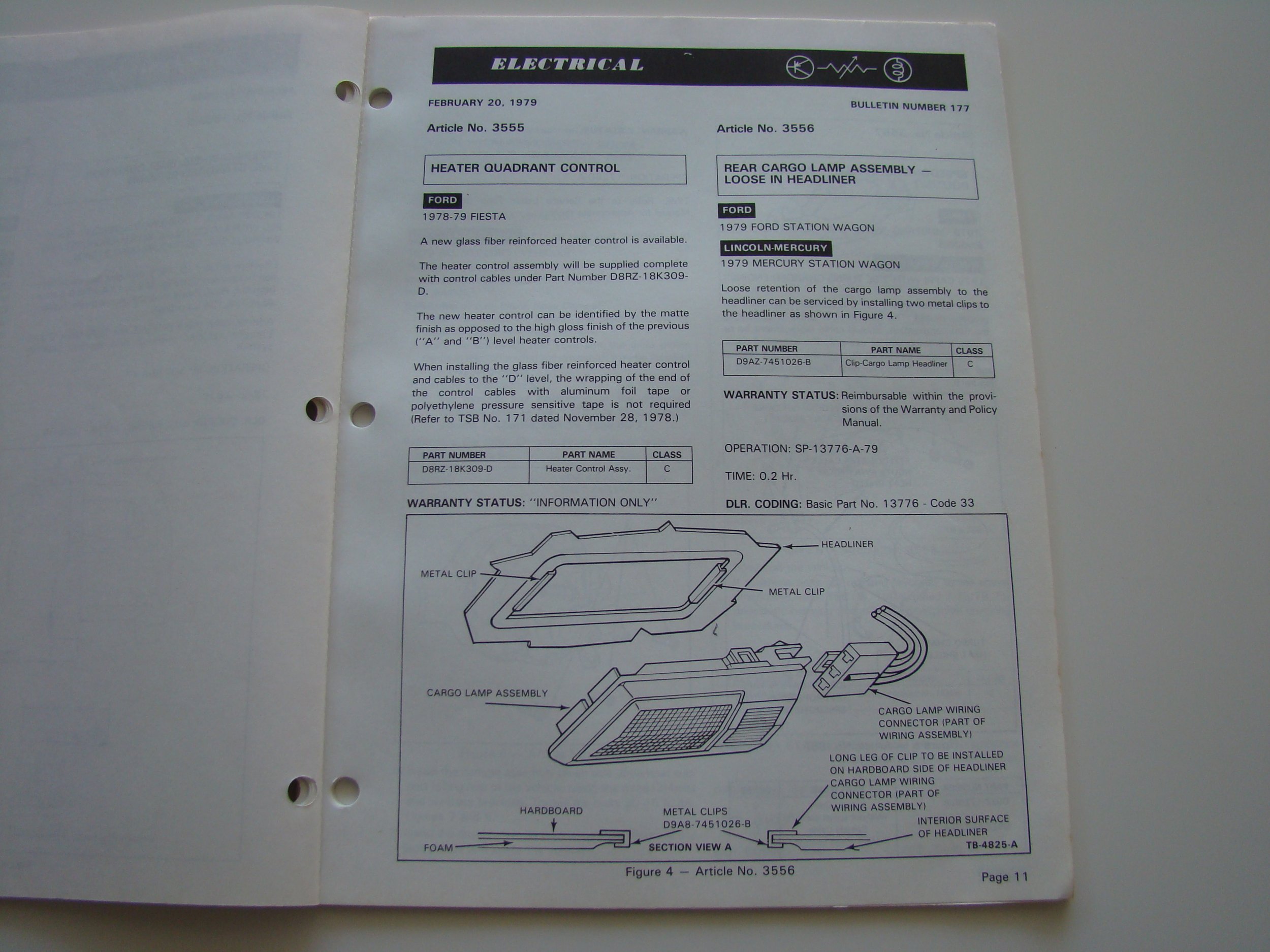 A vintage technical manual from 1979 titled 'Electrical,' including details and diagrams for heater quadrant control and rear cargo lamp assembly for Ford vehicles, specifically for models like the Fiesta, Station Wagon, and Mercury Station Wagon.