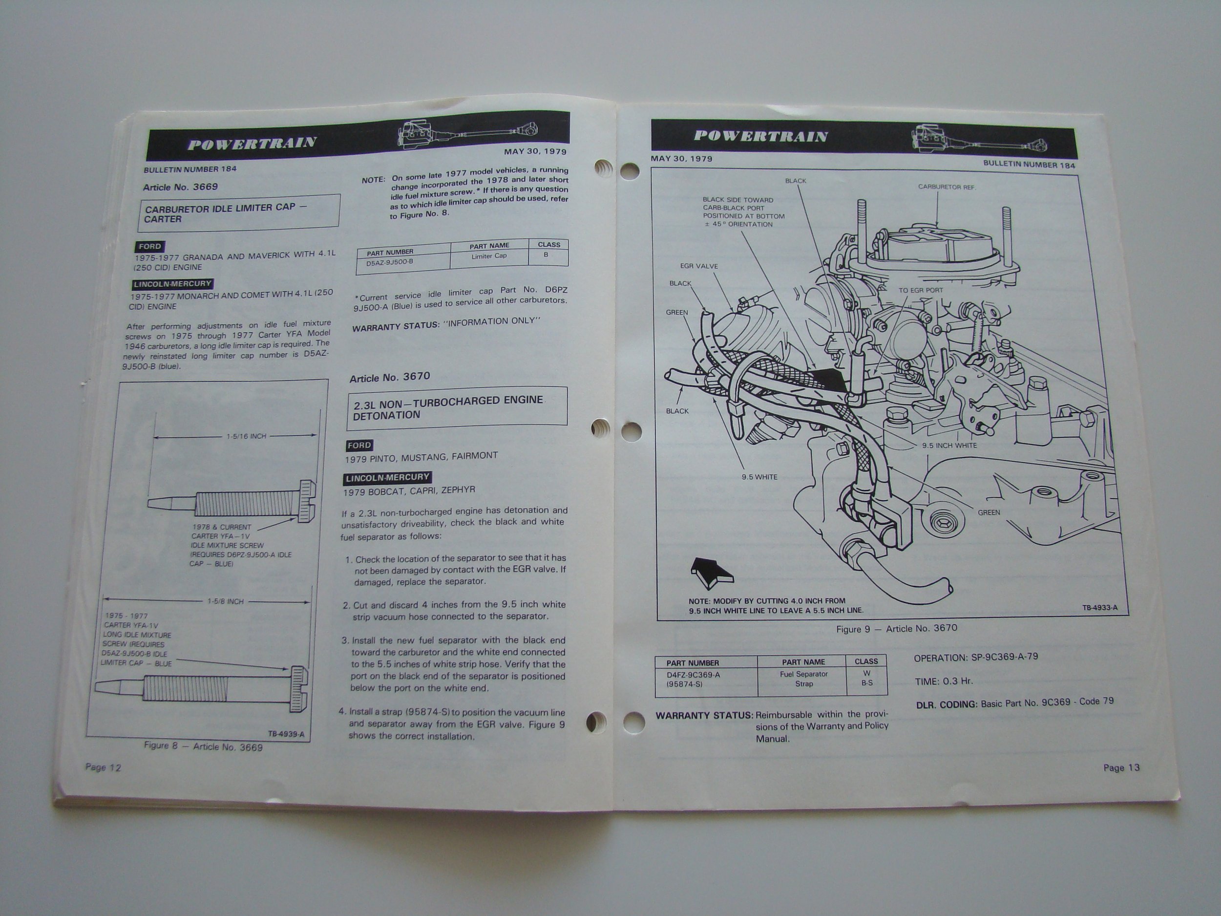Open car repair manual showing pages on carburetor idle limiter cap and engine diagram with labeled parts and instructions.
