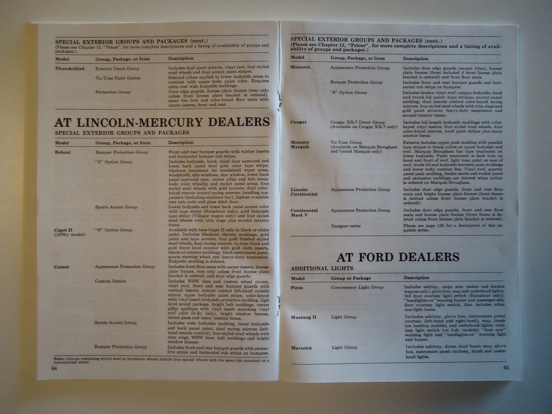 A two-page brochure or catalog page showing special exterior groups and packages for Lincoln-Mercury dealers and Ford dealers, including model descriptions and features for various vehicle protection and appearance protection groups.