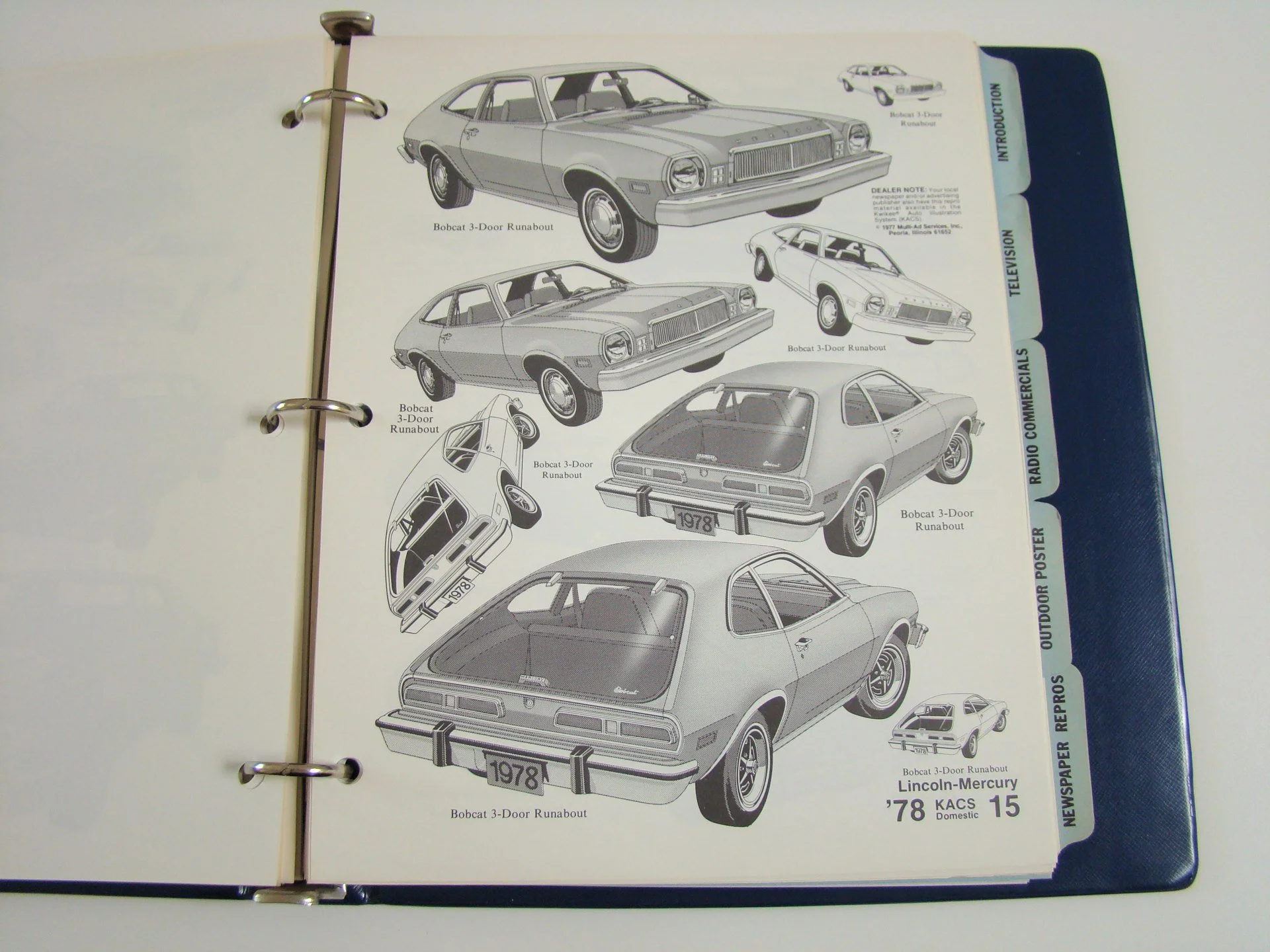 Illustrations of a 1978 Lincoln-Mercury Bobcat 3-door runabout, showing various angles and models, including front, rear, side, and top views, along with tabbed sections for different categories.