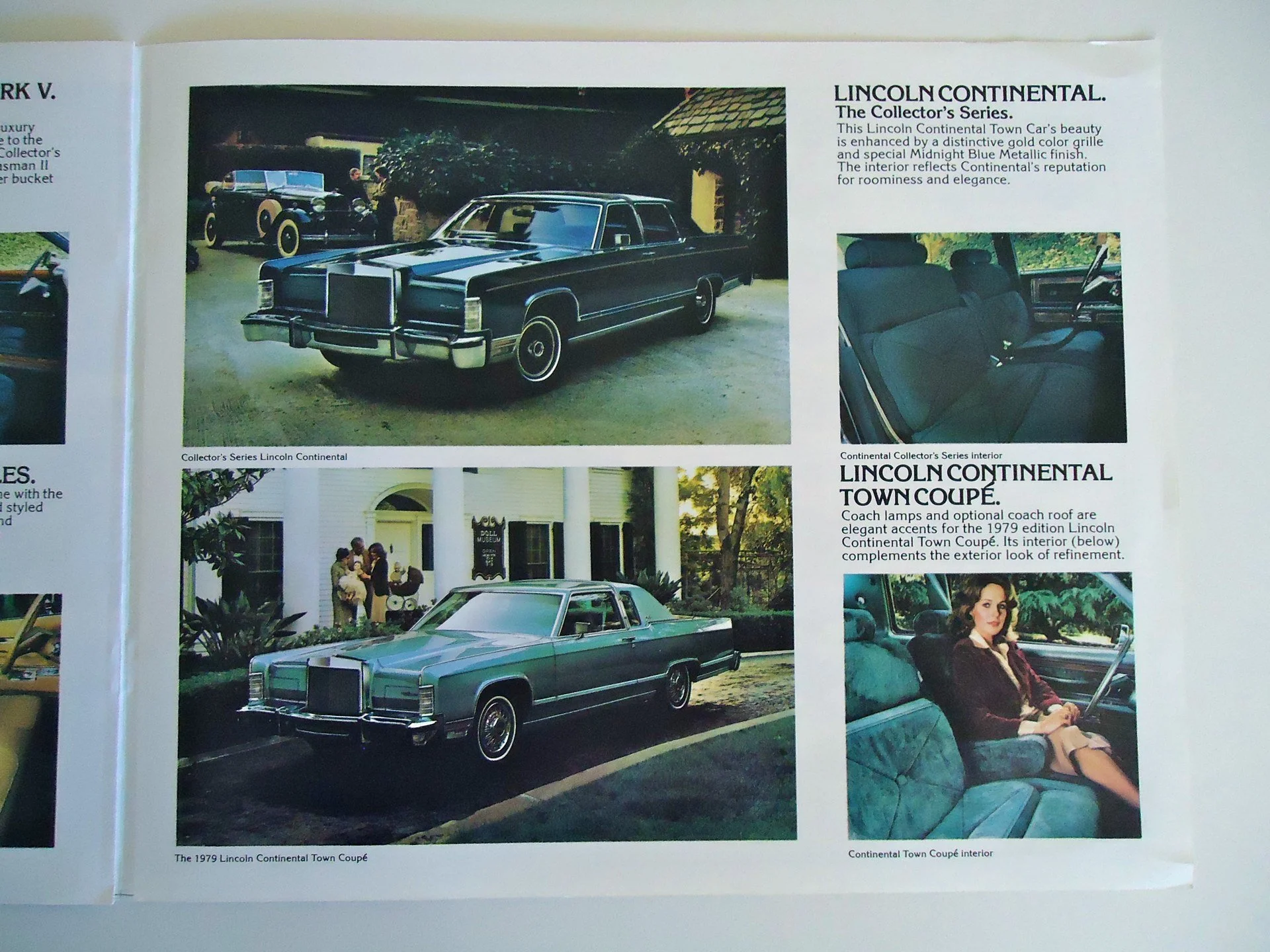 Images and text from a brochure showcasing the 1979 Lincoln Continental Town Coupe, including exterior photos of the car and interior shots featuring seats and dashboard, along with descriptive text highlighting its features.