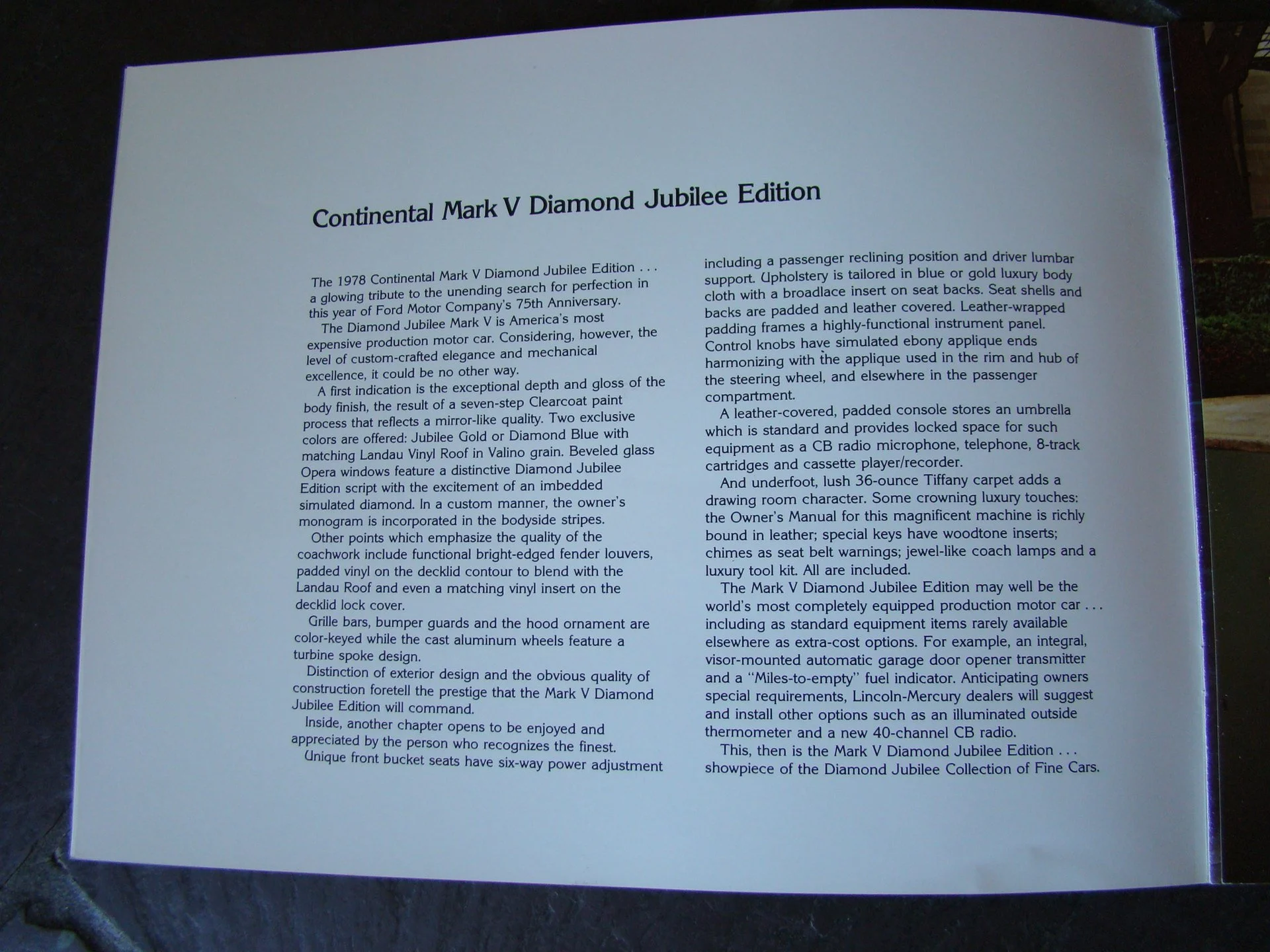 A page from a brochure or booklet describing the features of the Continental Mark V Diamond Jubilee Edition, including its design, interior, and special features.