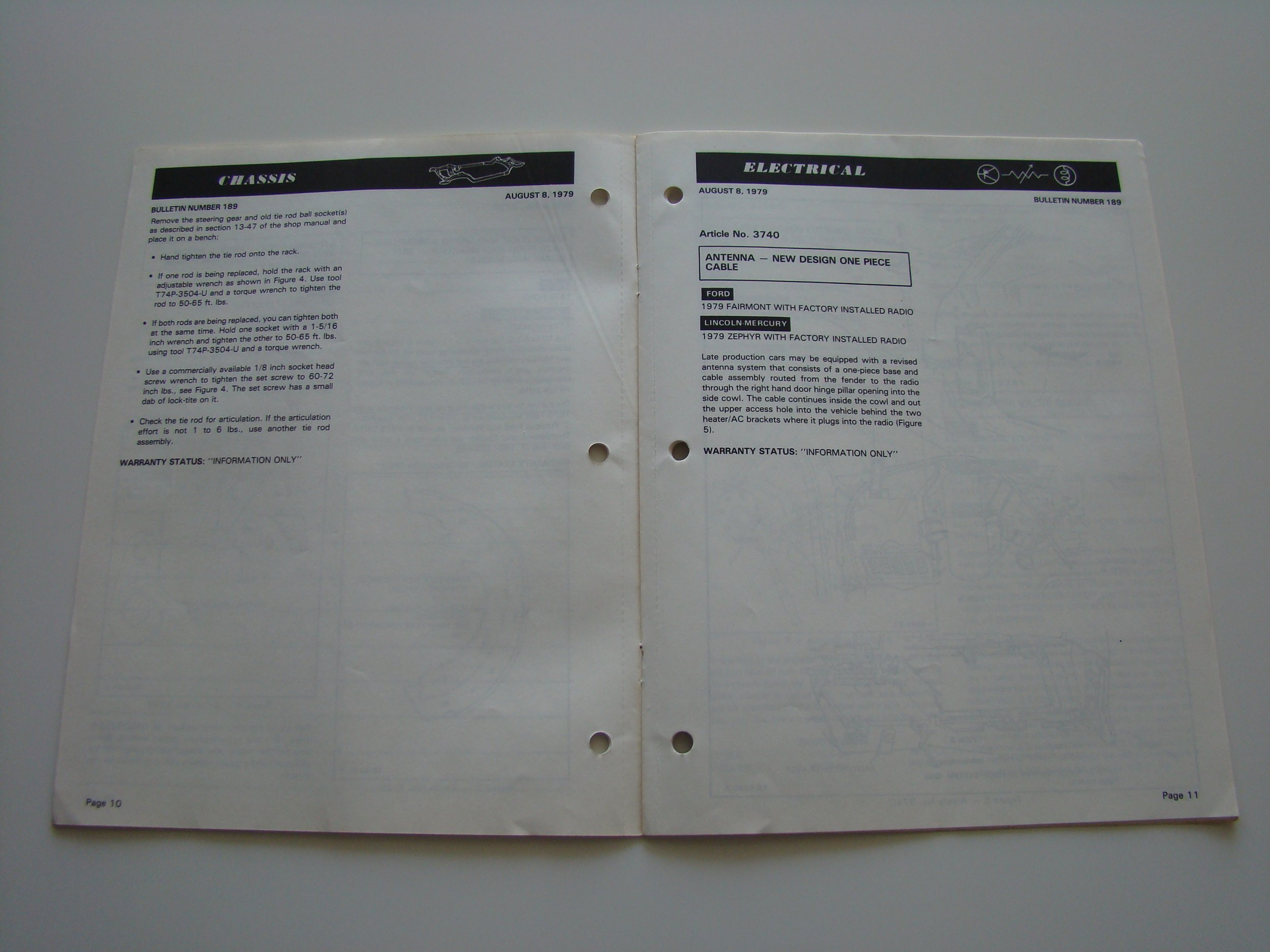 Open manual with two pages; the left page titled 'Chassis' with instructions and the right page titled 'Electrical' with details about antenna wiring for a 1979 Ford Fairmont and Lincoln Mercury, dated August 8, 1979.