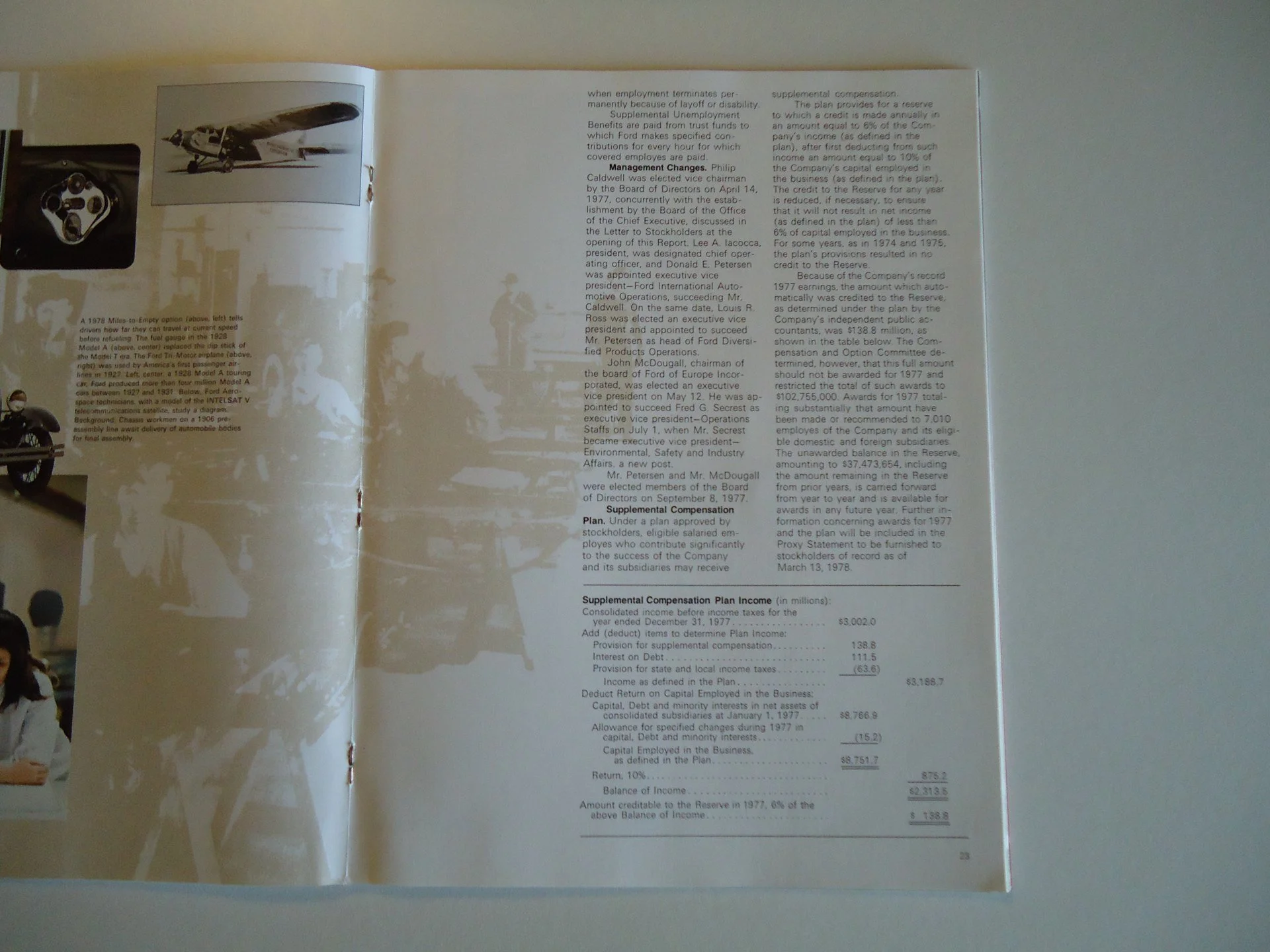 Open magazine with grayscale advertisement on left page and text on right page, featuring a historical article and financial data.